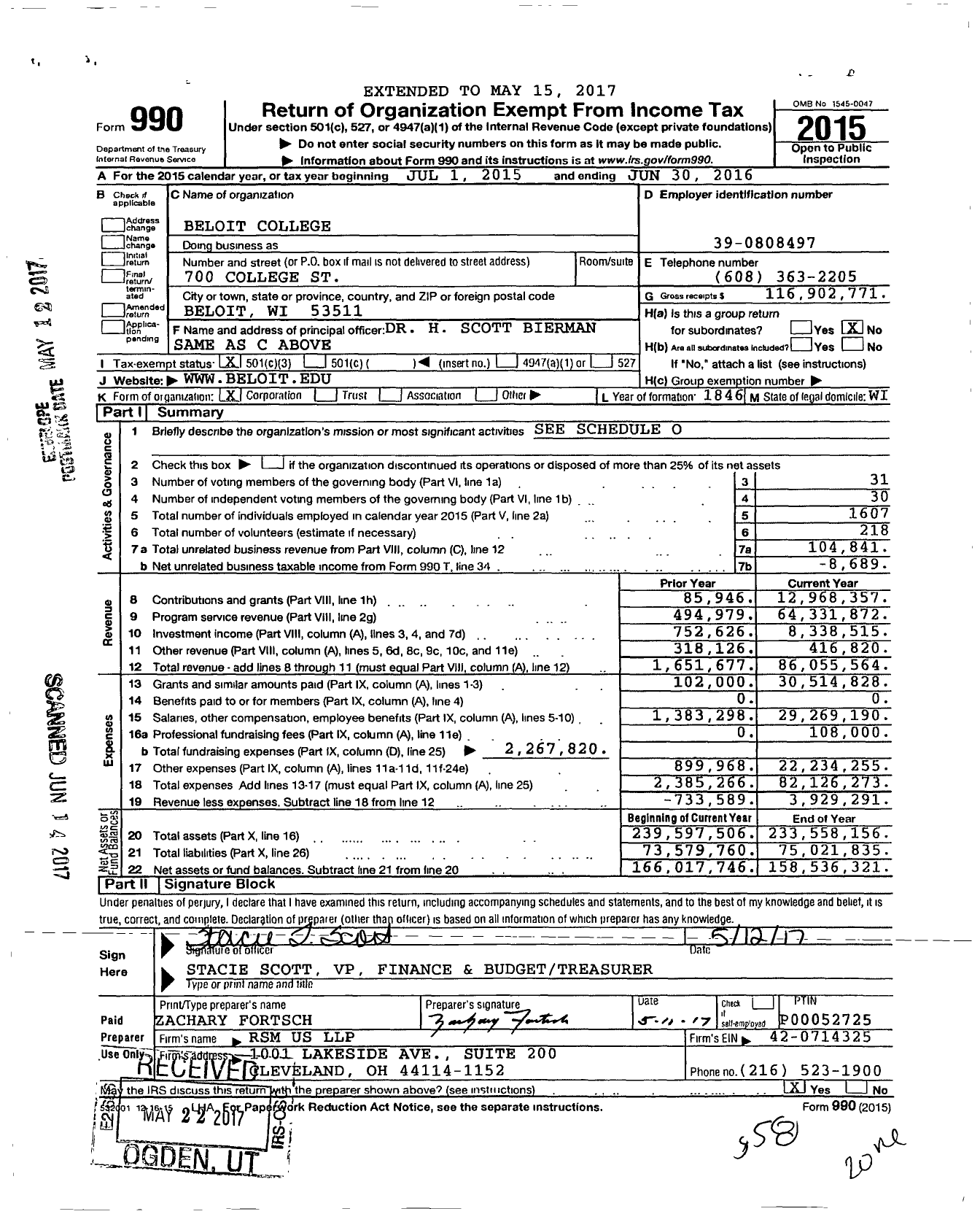 Image of first page of 2015 Form 990 for Beloit College