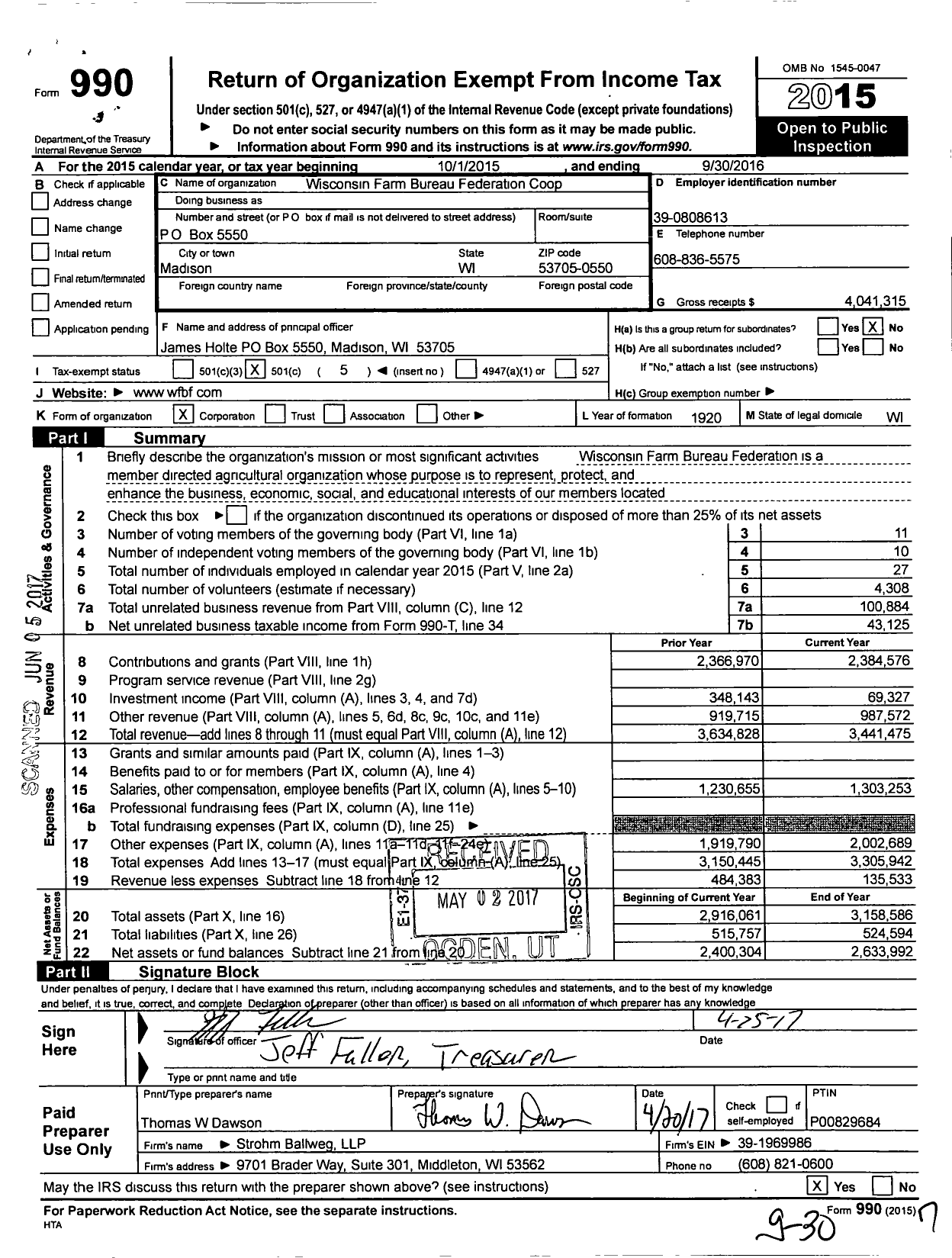 Image of first page of 2015 Form 990O for Wisconsin Farm Bureau Federation Coop
