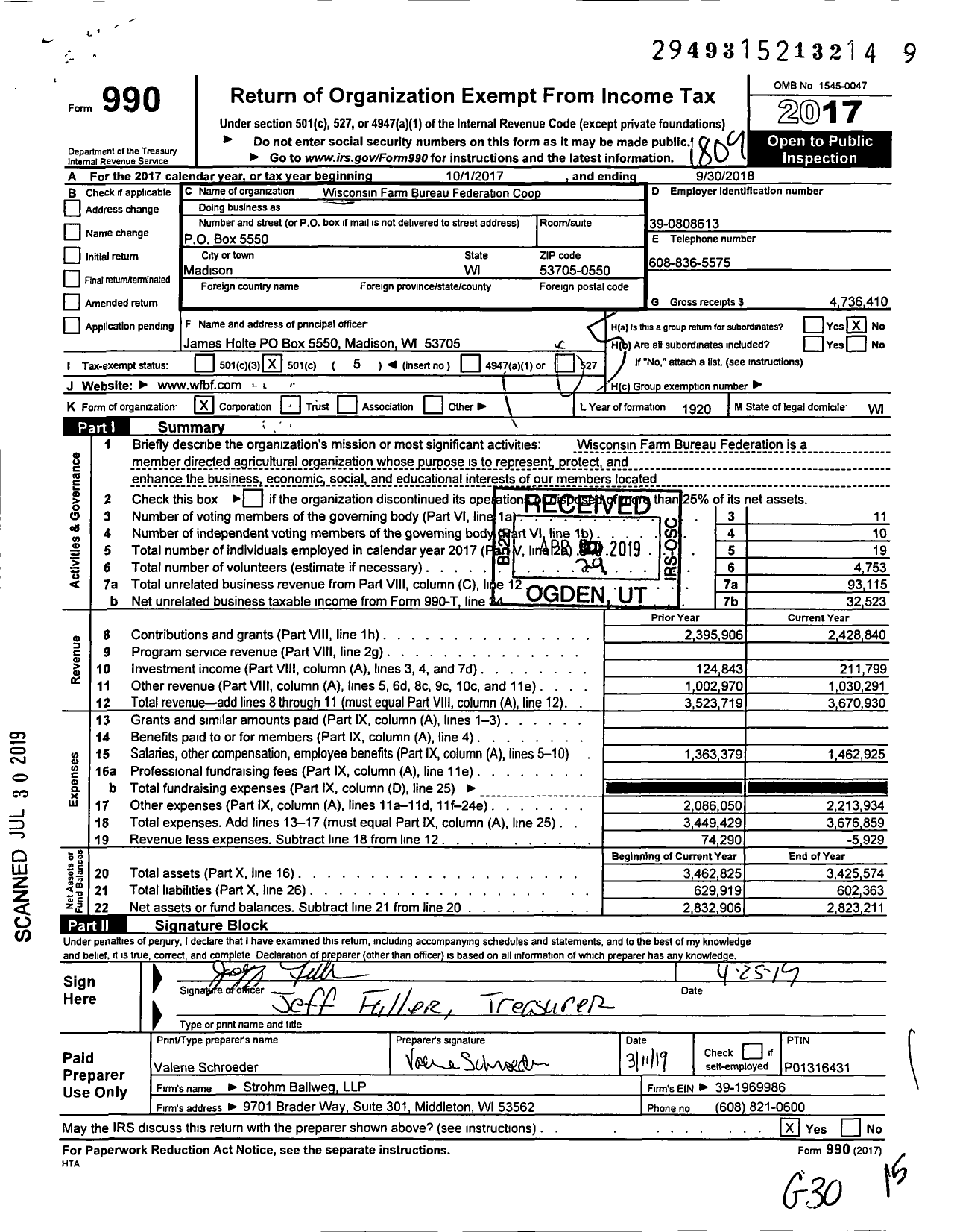 Image of first page of 2017 Form 990O for Wisconsin Farm Bureau Federation Coop