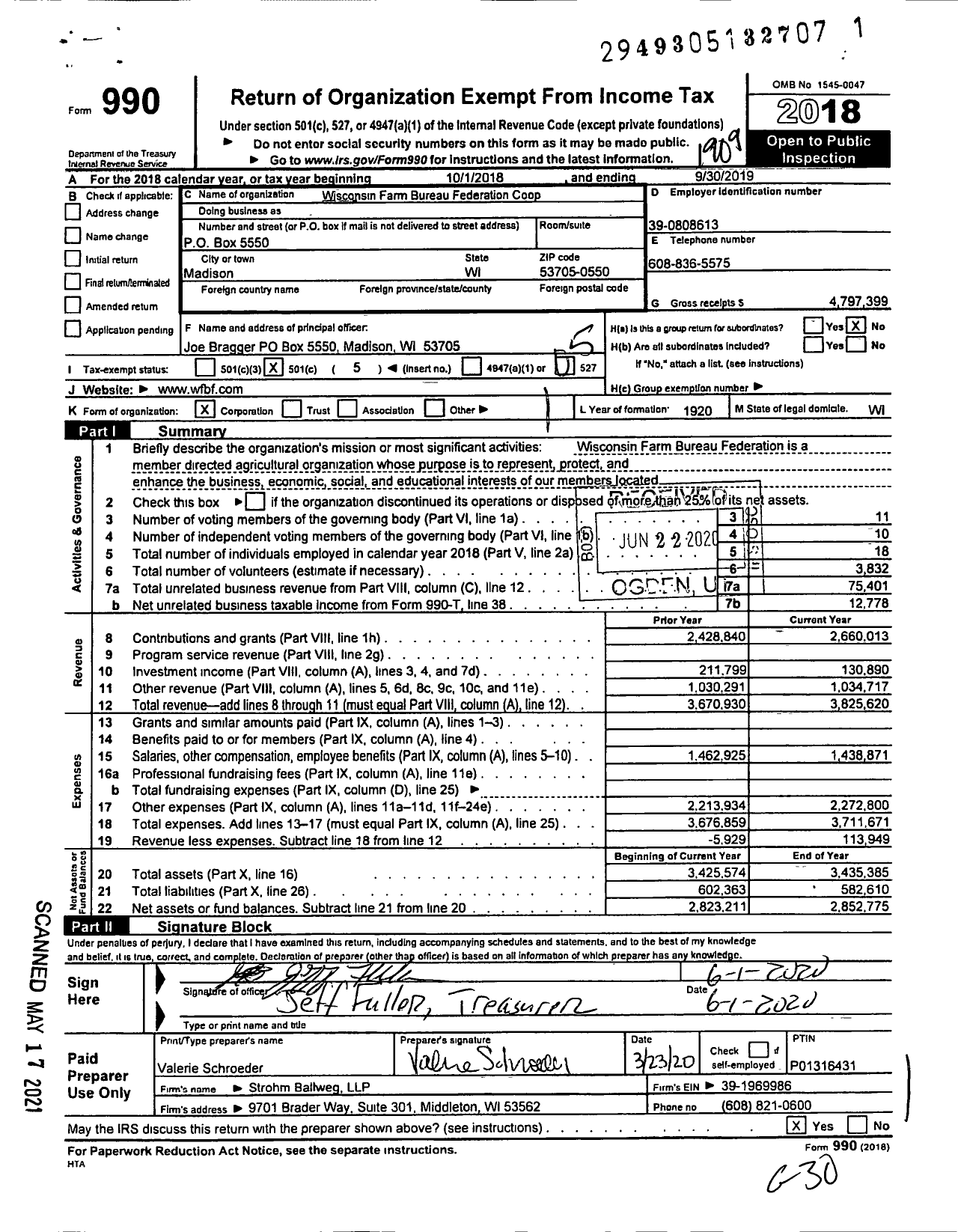 Image of first page of 2018 Form 990O for Wisconsin Farm Bureau Federation Coop