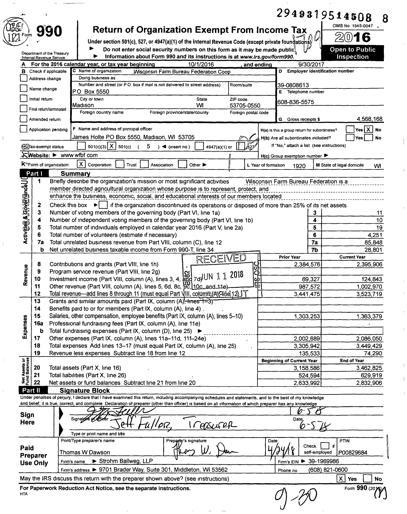 Image of first page of 2016 Form 990O for Wisconsin Farm Bureau Federation Coop