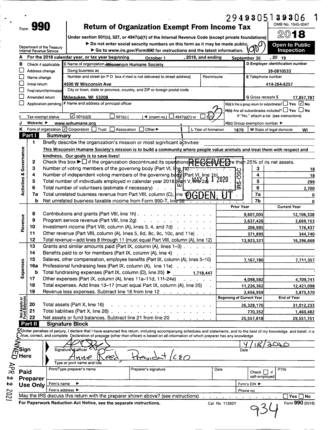 Image of first page of 2018 Form 990 for Wisconsin Humane Society