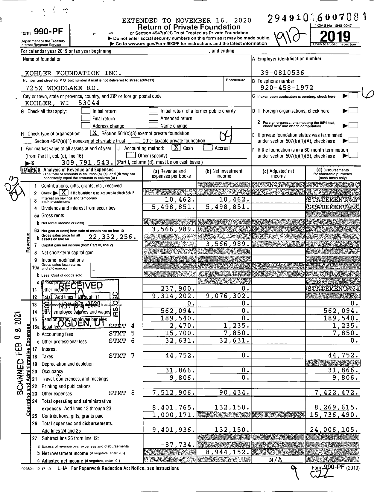 Image of first page of 2019 Form 990PF for Kohler Foundation
