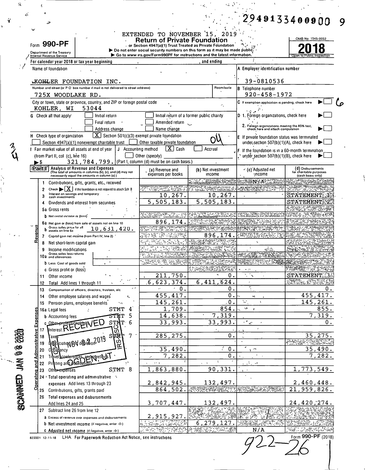 Image of first page of 2018 Form 990PF for Kohler Foundation