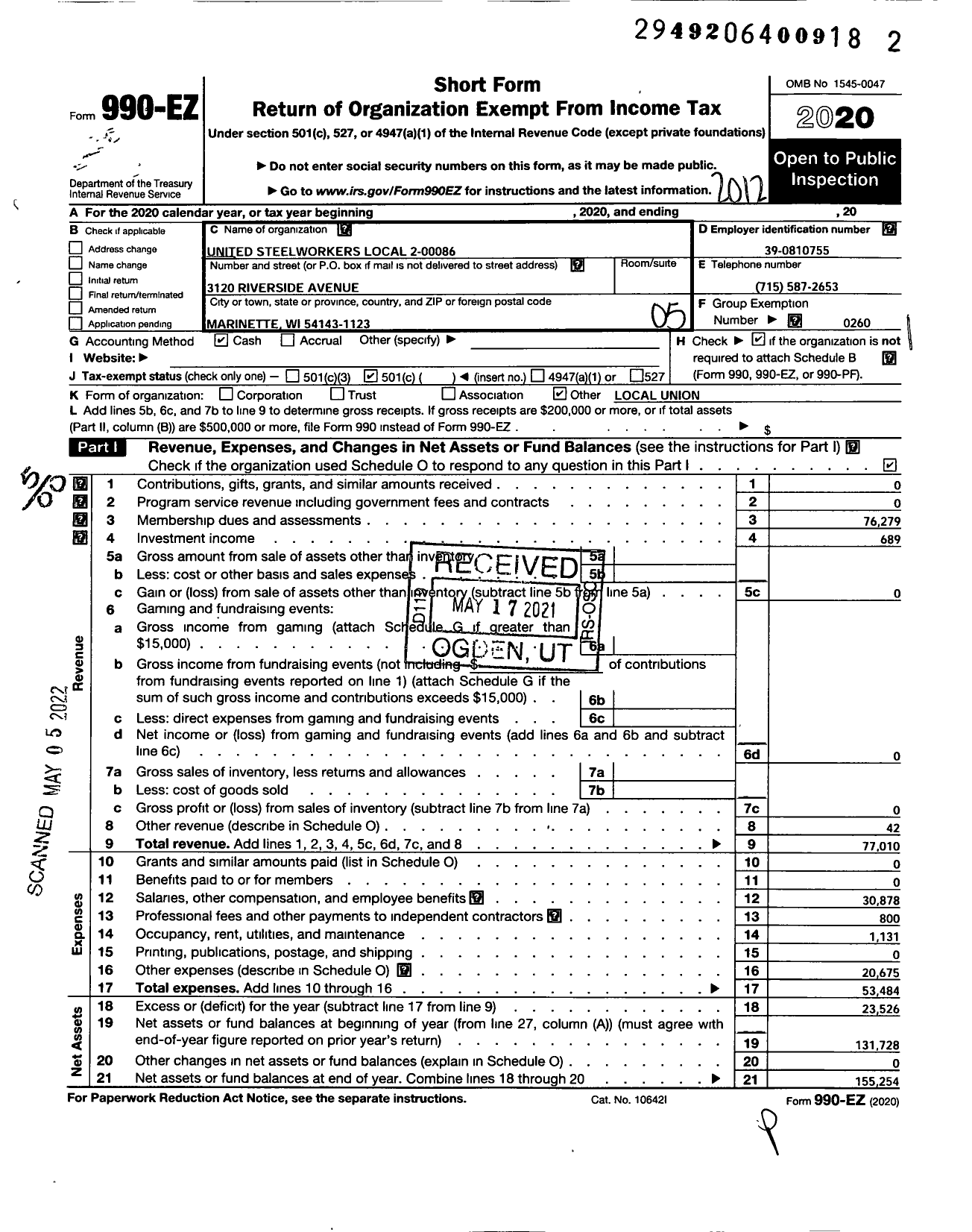 Image of first page of 2020 Form 990EO for United Steelworkers - 2-00086 Local