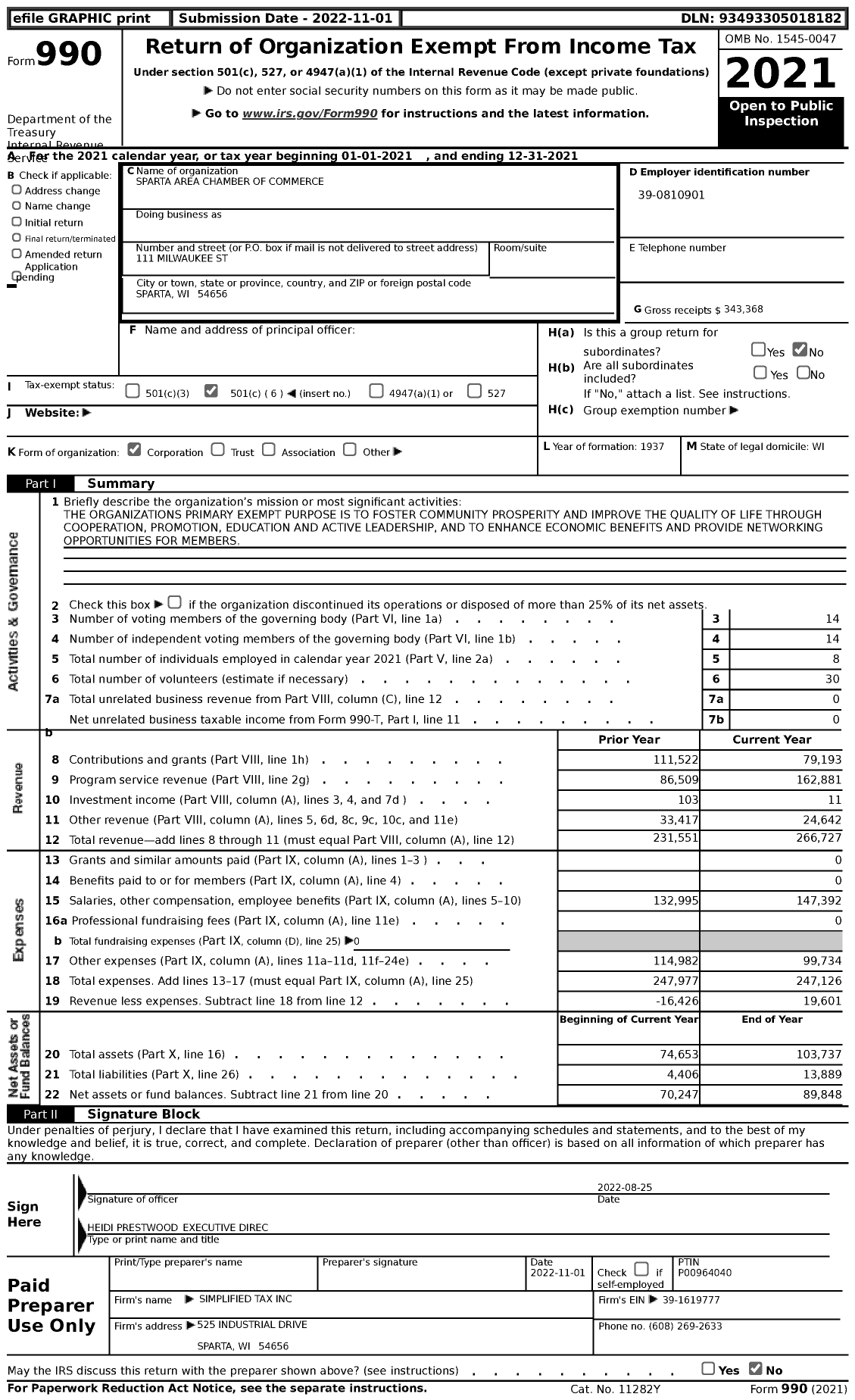Image of first page of 2021 Form 990 for Sparta Area Chamber of Commerce