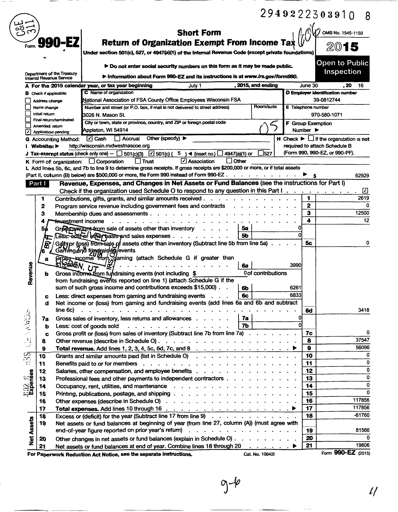 Image of first page of 2015 Form 990EO for National Association of Fsa County Office Employees / Wisconsin Fsa