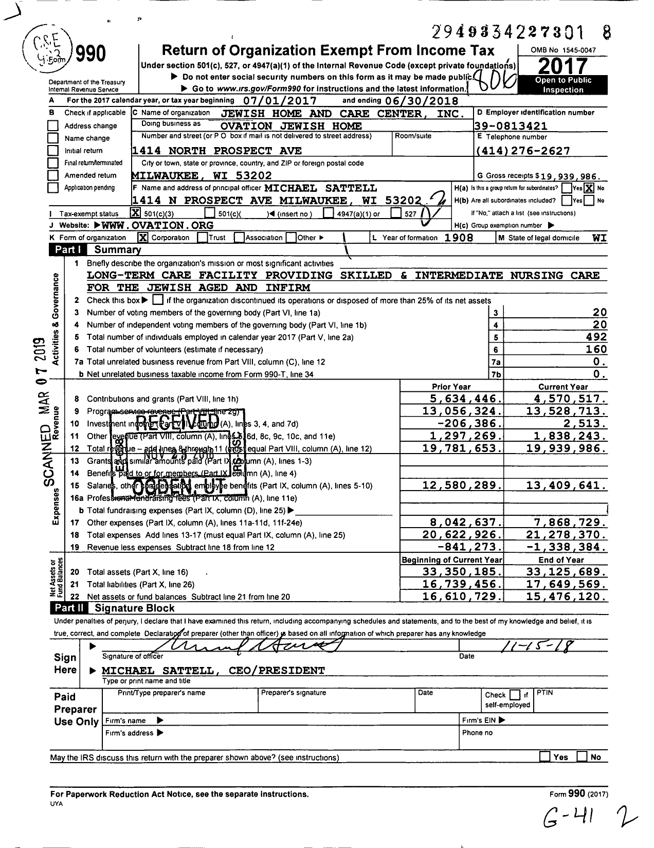 Image of first page of 2017 Form 990 for Ovation Jewish Home