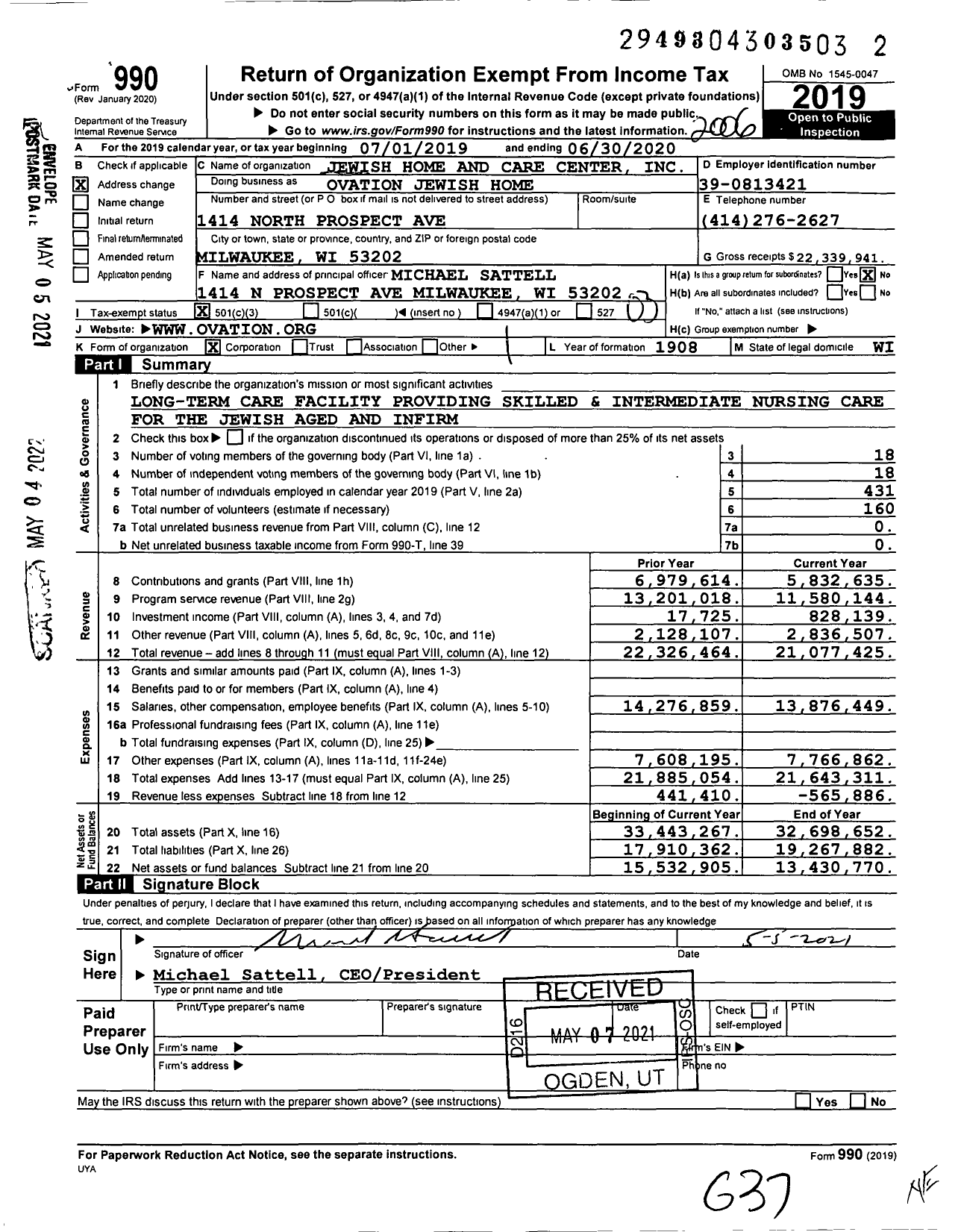 Image of first page of 2019 Form 990 for Ovation Jewish Home