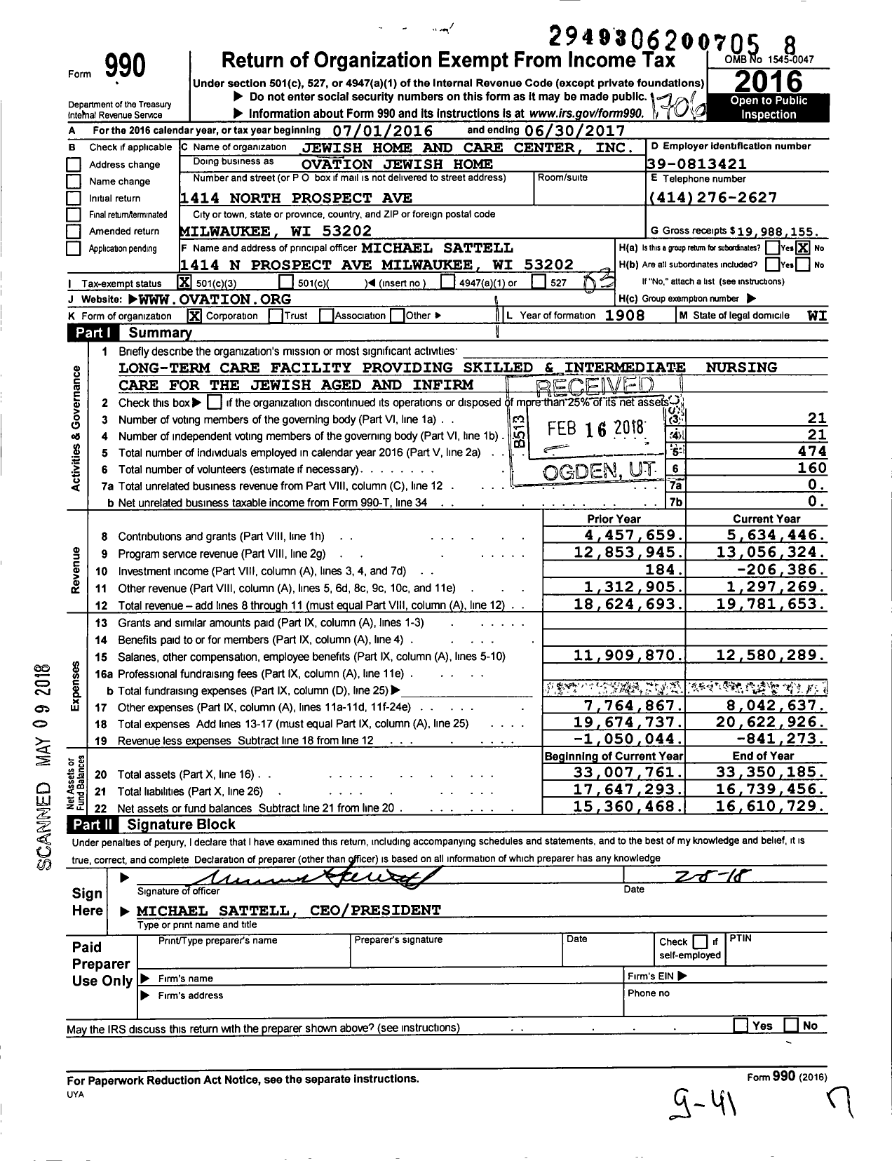 Image of first page of 2016 Form 990 for Ovation Jewish Home