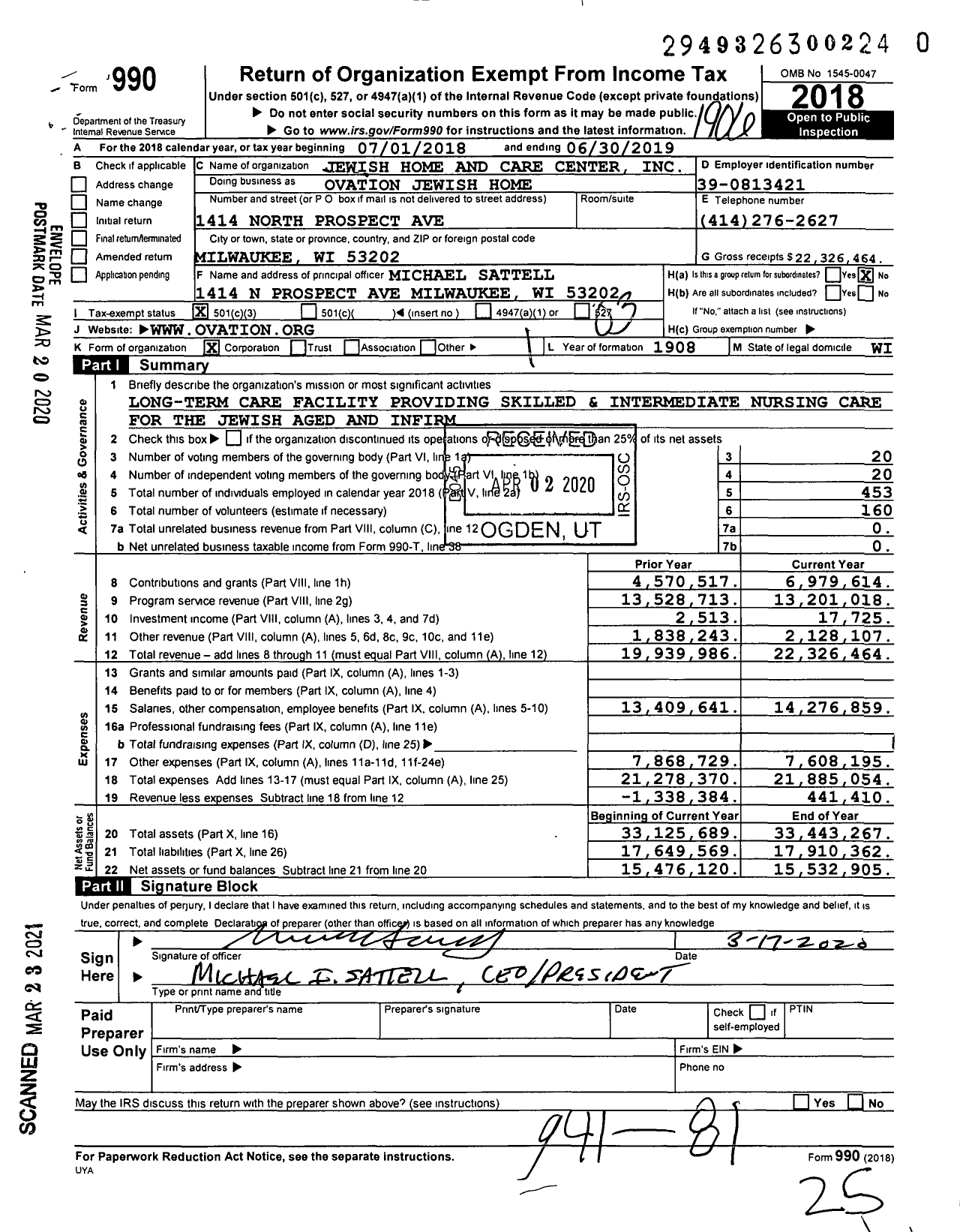 Image of first page of 2018 Form 990 for Ovation Jewish Home