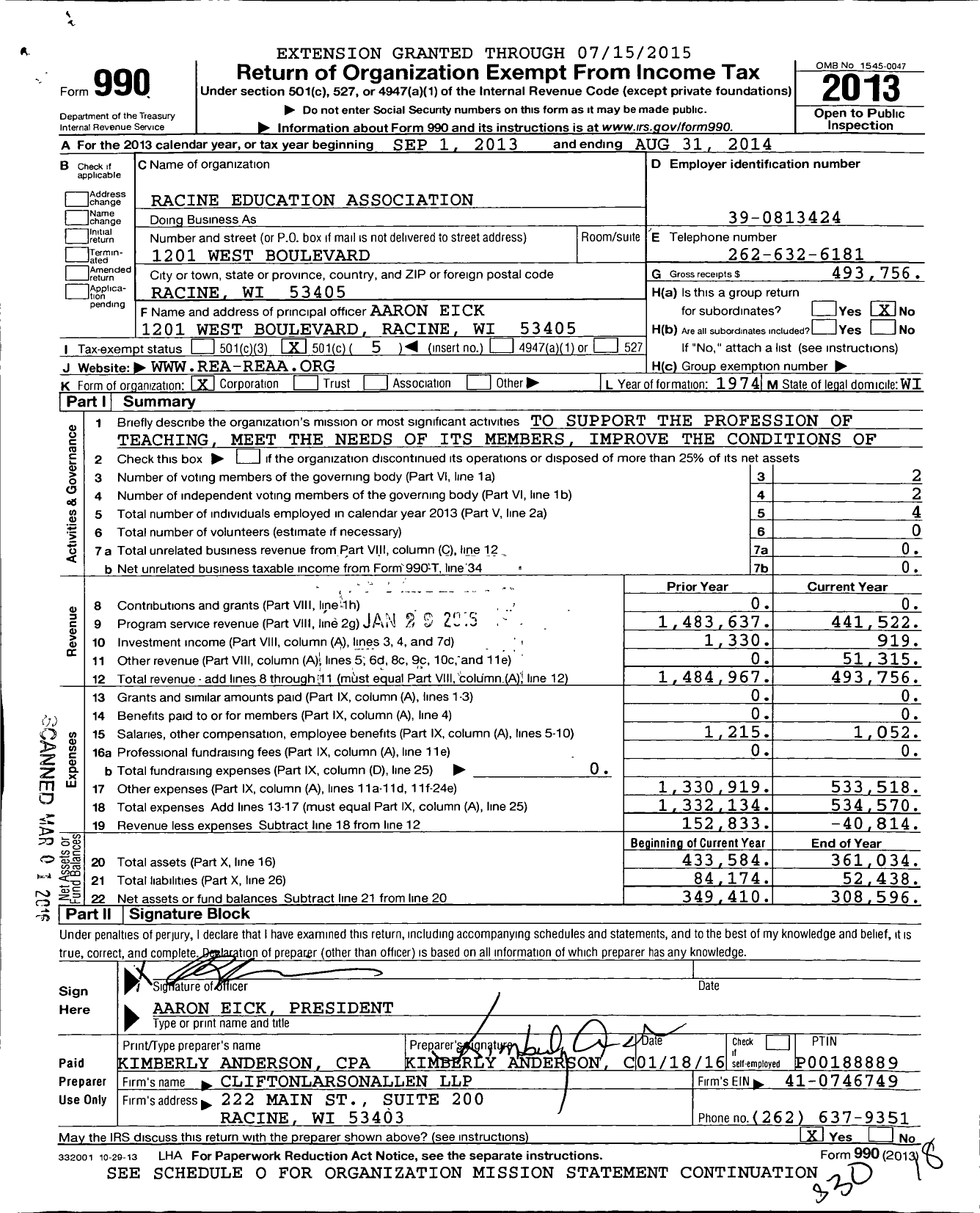 Image of first page of 2013 Form 990O for Racine Education Association (REAA)