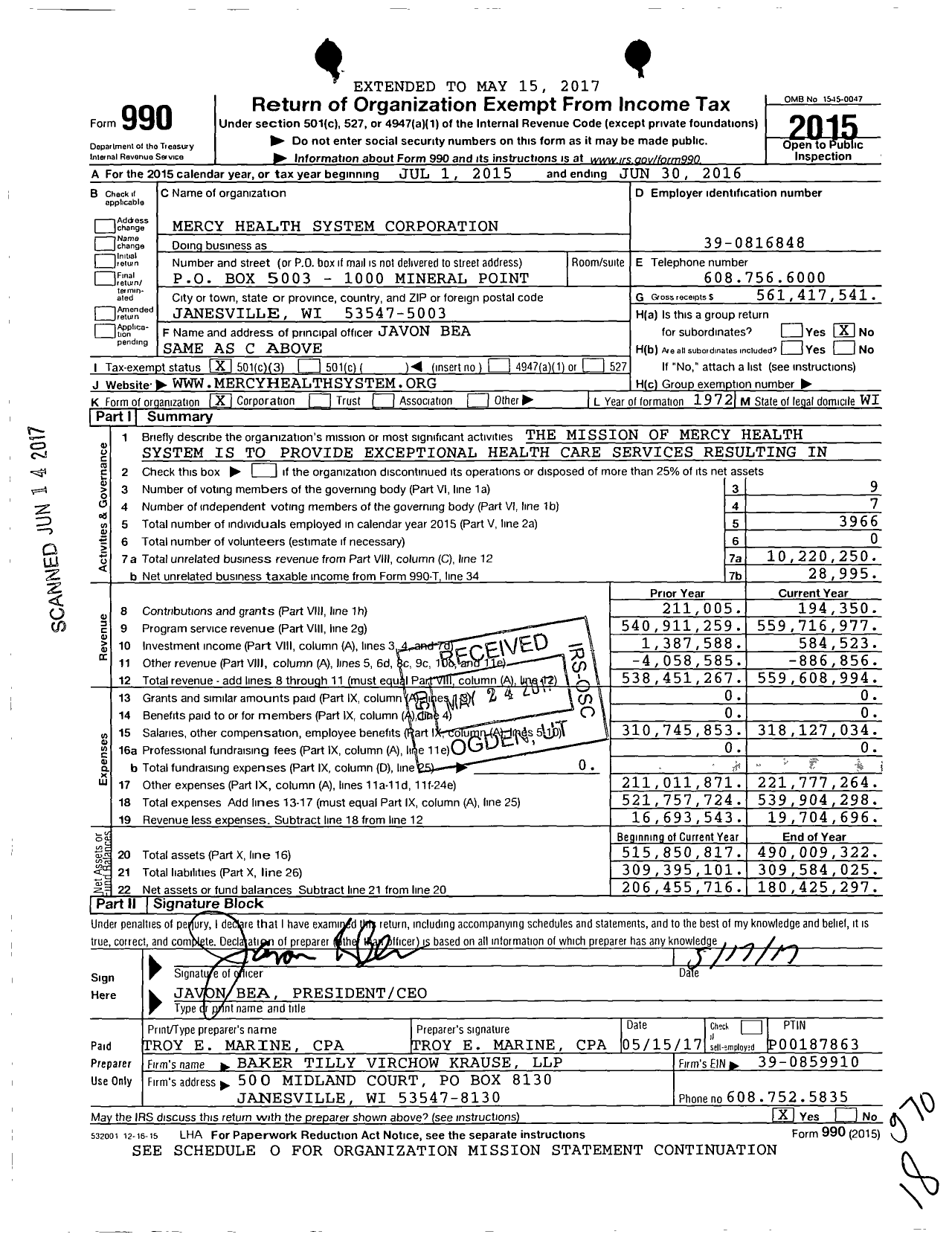 Image of first page of 2015 Form 990 for Mercy Health System Corporation