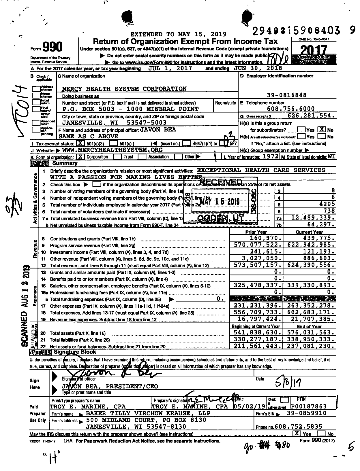 Image of first page of 2017 Form 990 for Mercy Health System Corporation