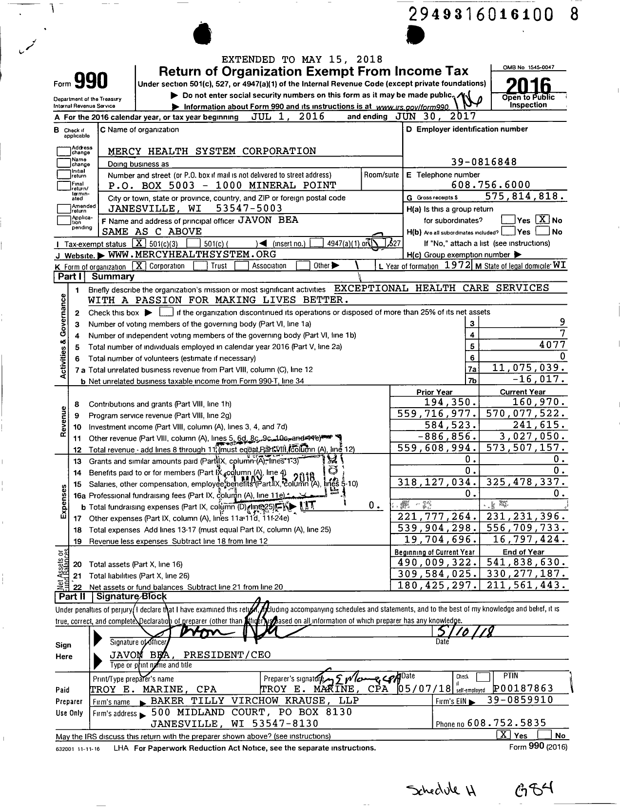 Image of first page of 2016 Form 990 for Mercy Health System Corporation