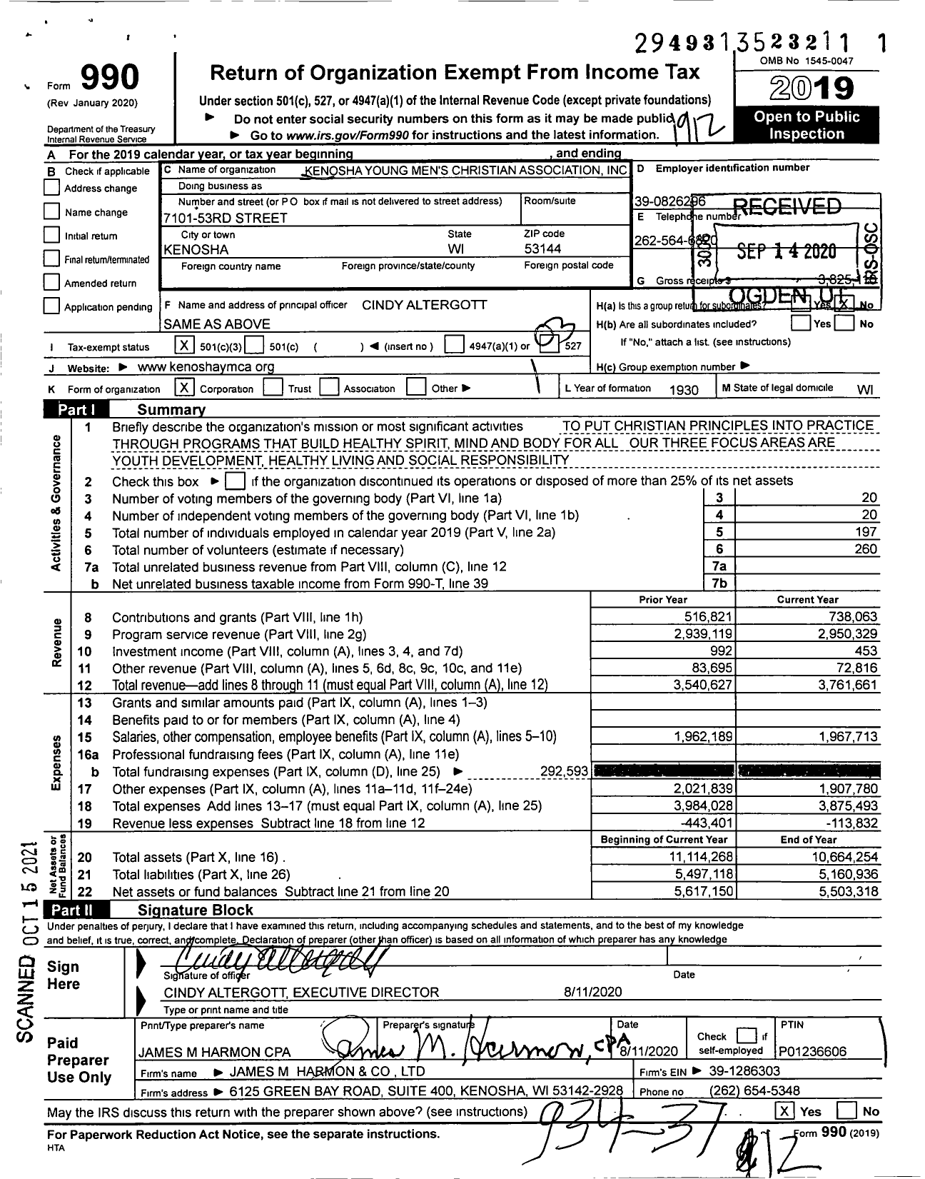 Image of first page of 2019 Form 990 for Kenosha Young Men's Christian Association