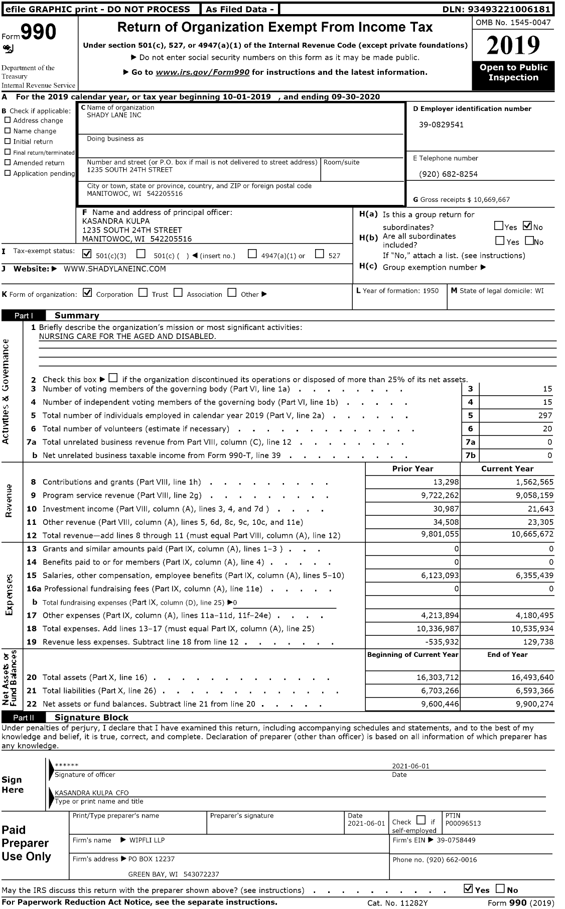 Image of first page of 2019 Form 990 for Shady Lane