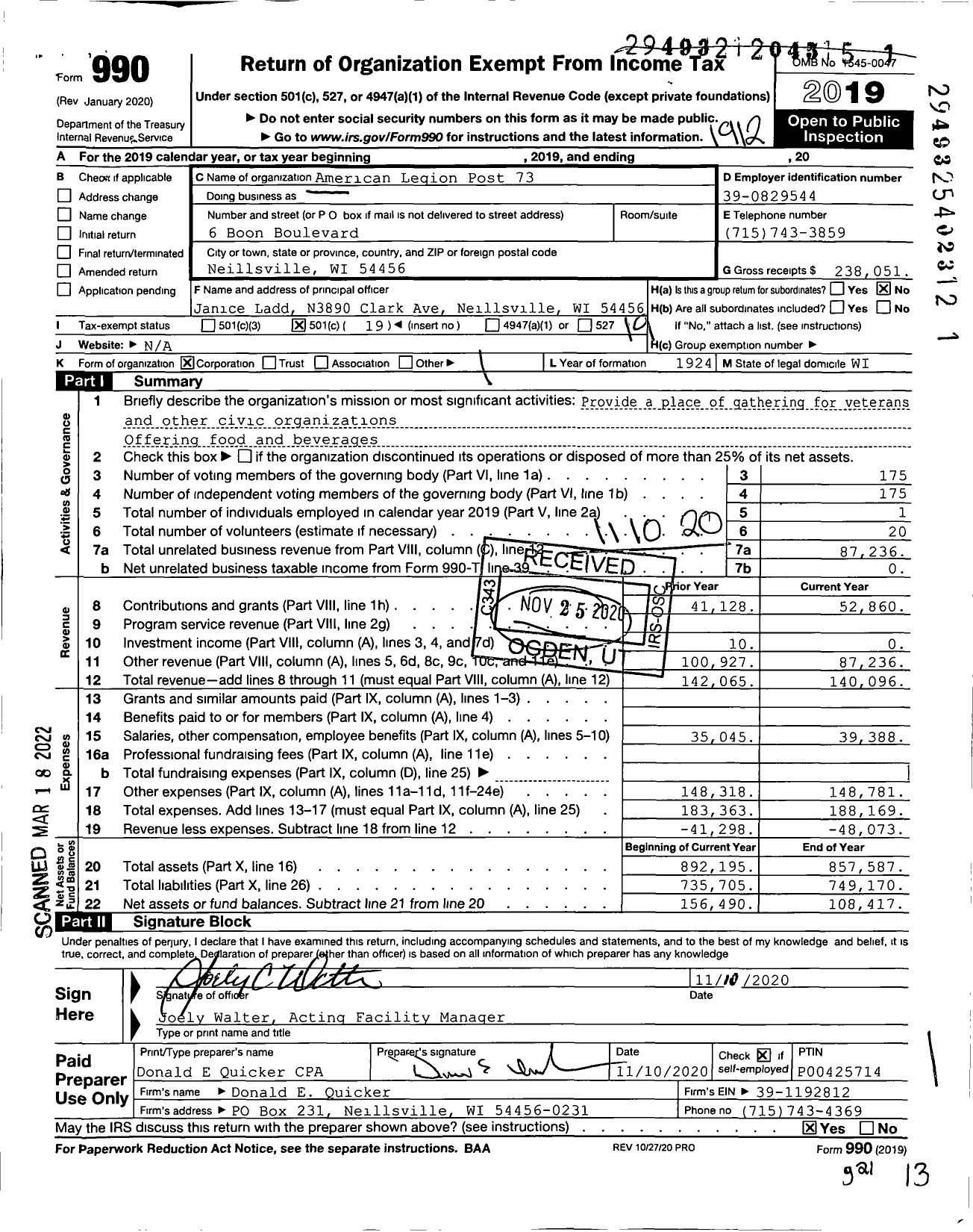 Image of first page of 2019 Form 990O for American Legion - 73 Post Haugen-Richmond