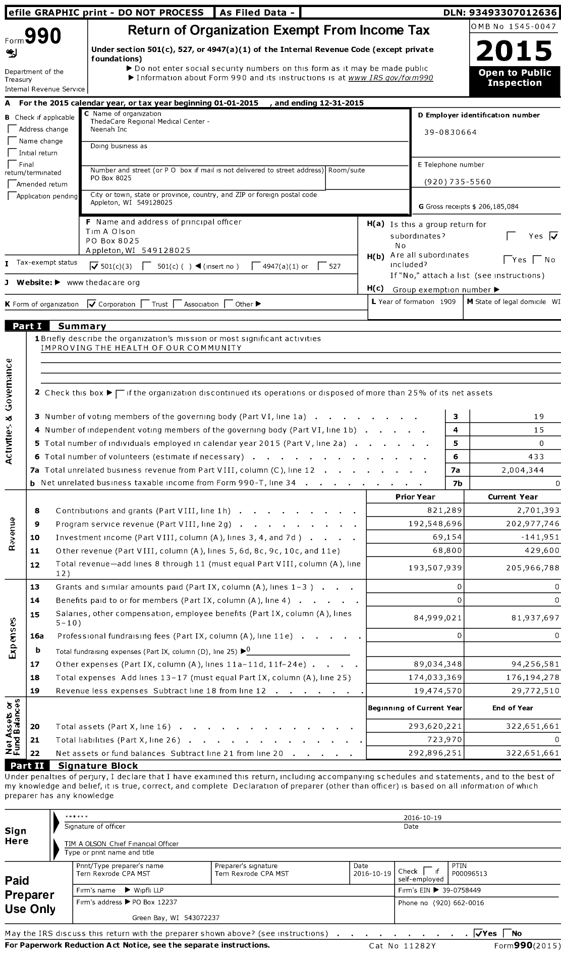Image of first page of 2015 Form 990 for Thedacare Regional Medical Center - Neenah
