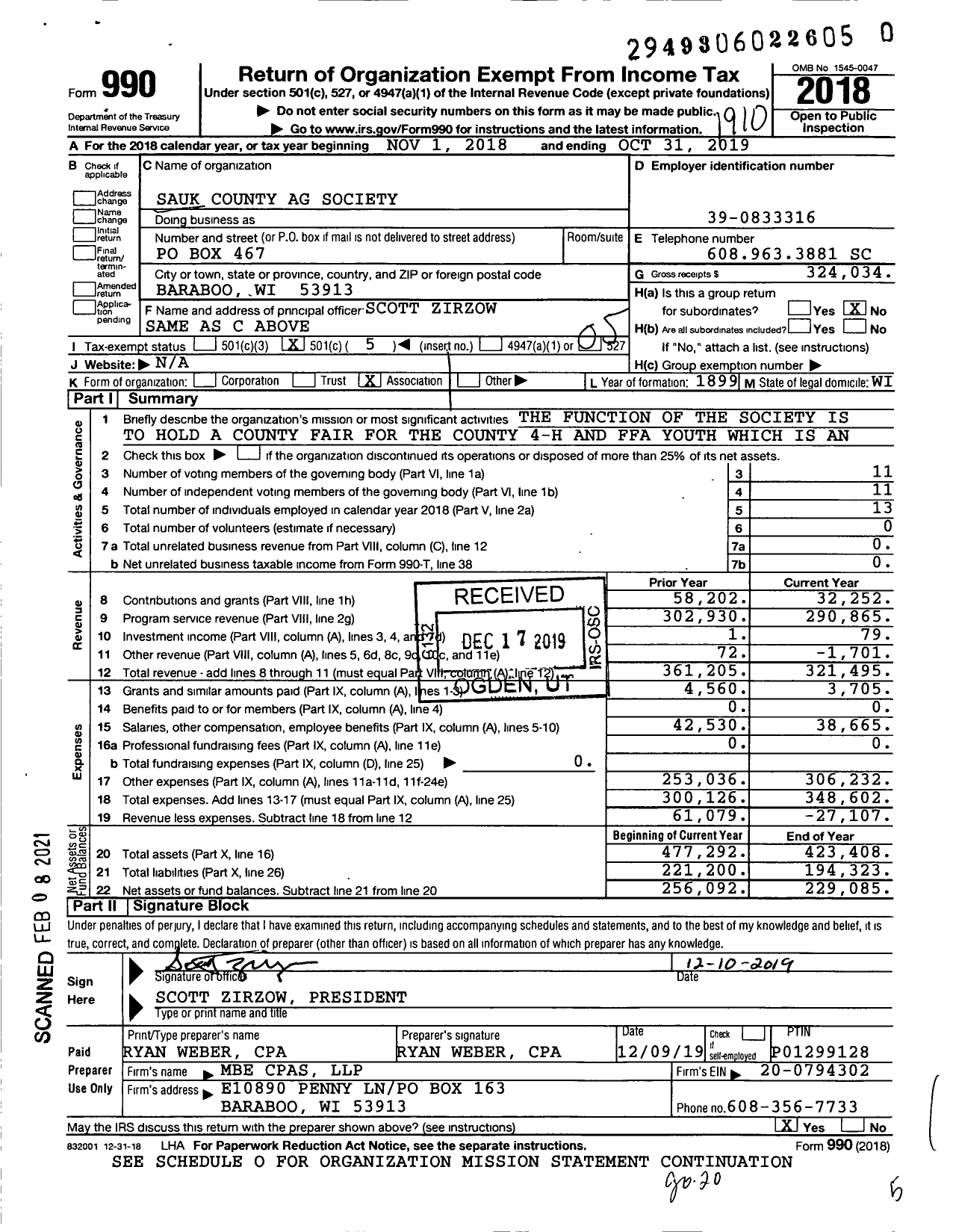 Image of first page of 2018 Form 990O for Sauk County Agricultural Society