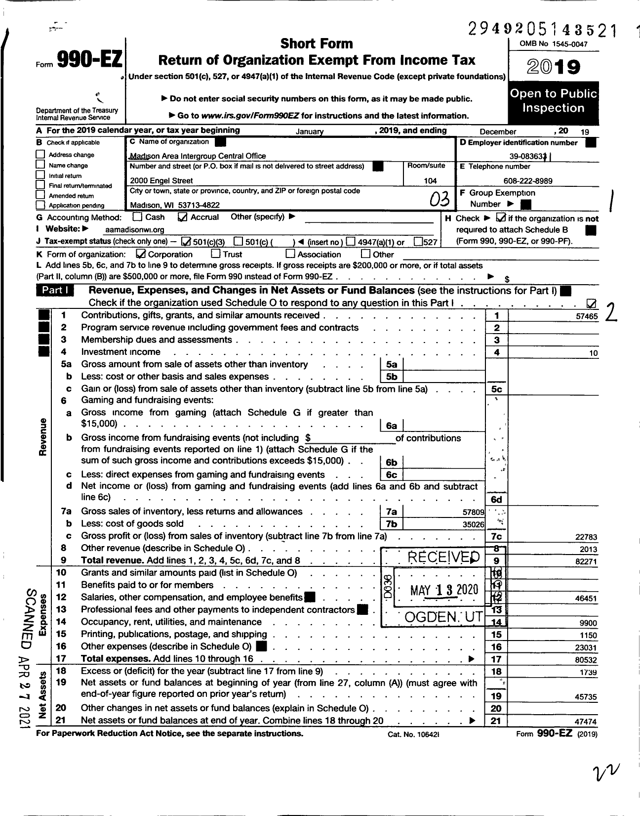 Image of first page of 2019 Form 990EZ for MADISON AREA INTERGROUP CENTRAL OFFICE of Alcoholics Anonymous