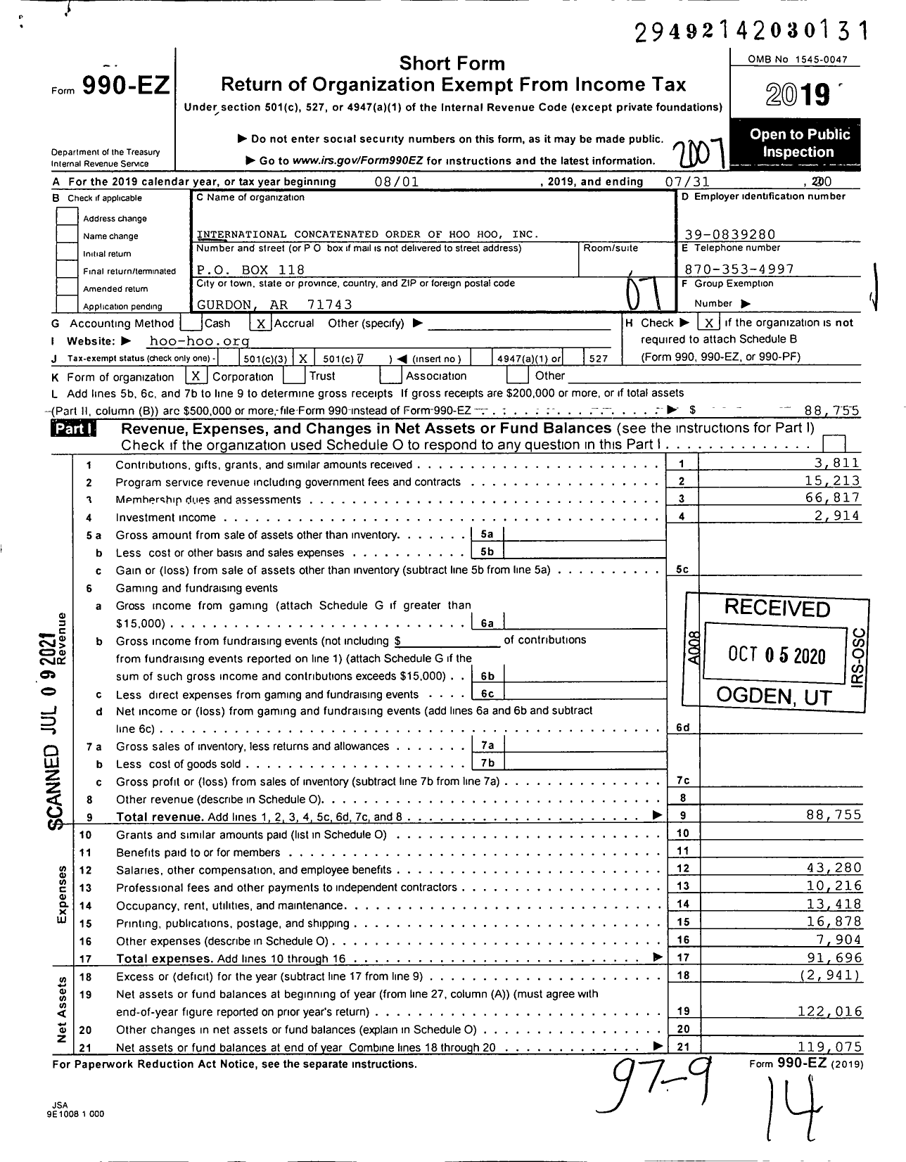 Image of first page of 2019 Form 990EO for International Concatenated Order of Hoo Hoo