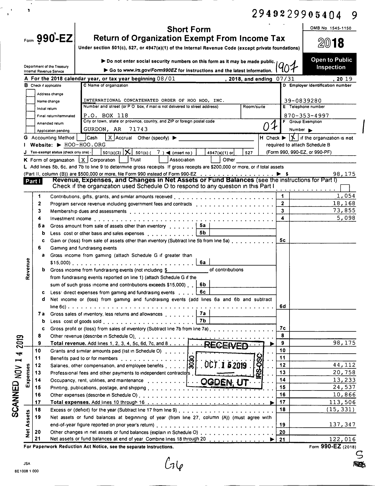 Image of first page of 2018 Form 990EO for International Concatenated Order of Hoo Hoo