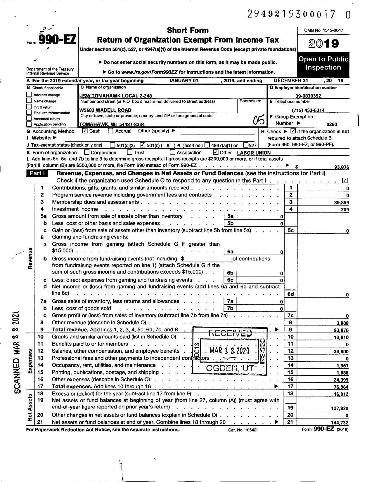 Image of first page of 2019 Form 990EO for United Steelworkers - 2-00248 Local