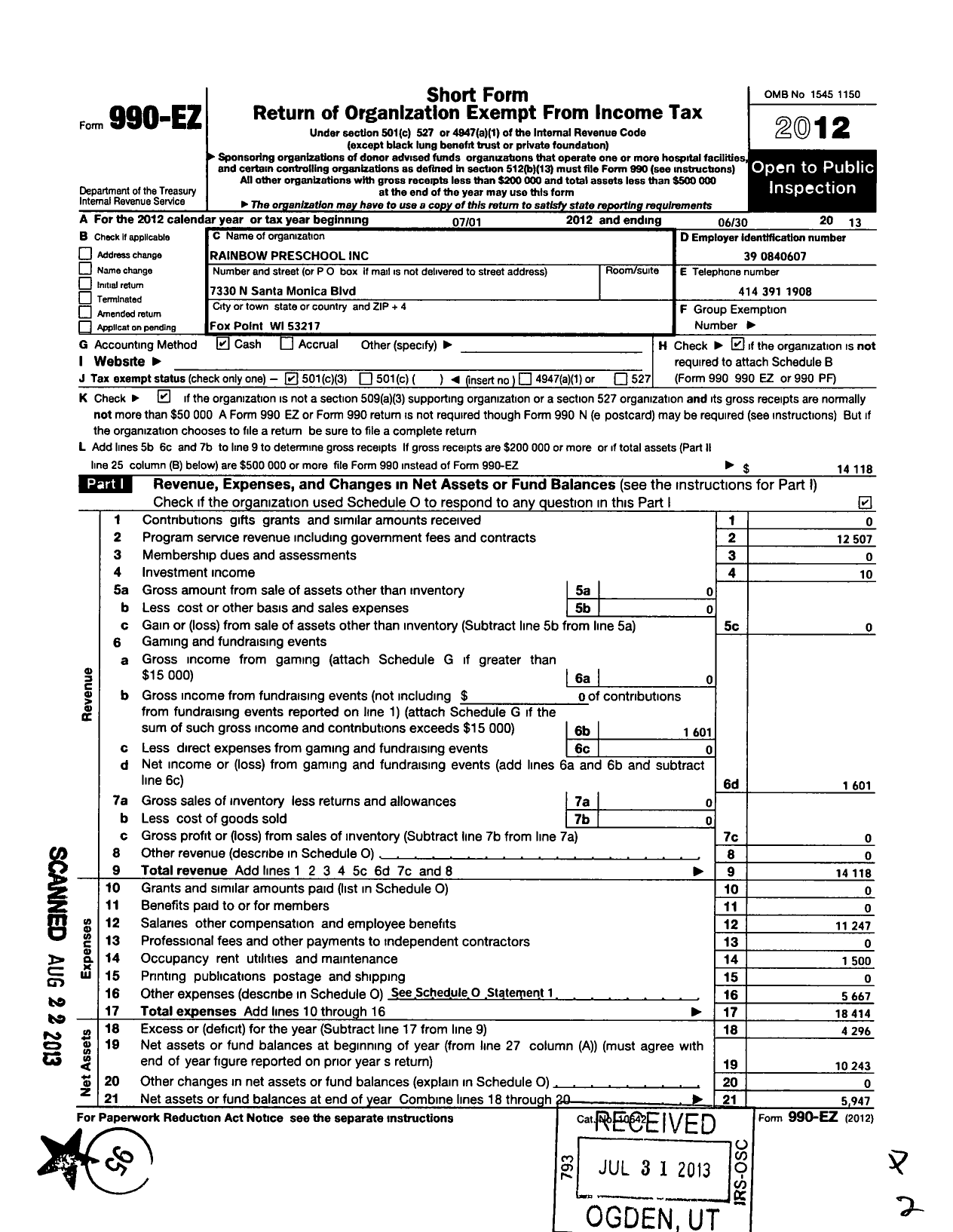 Image of first page of 2012 Form 990EZ for Rainbow Preschool