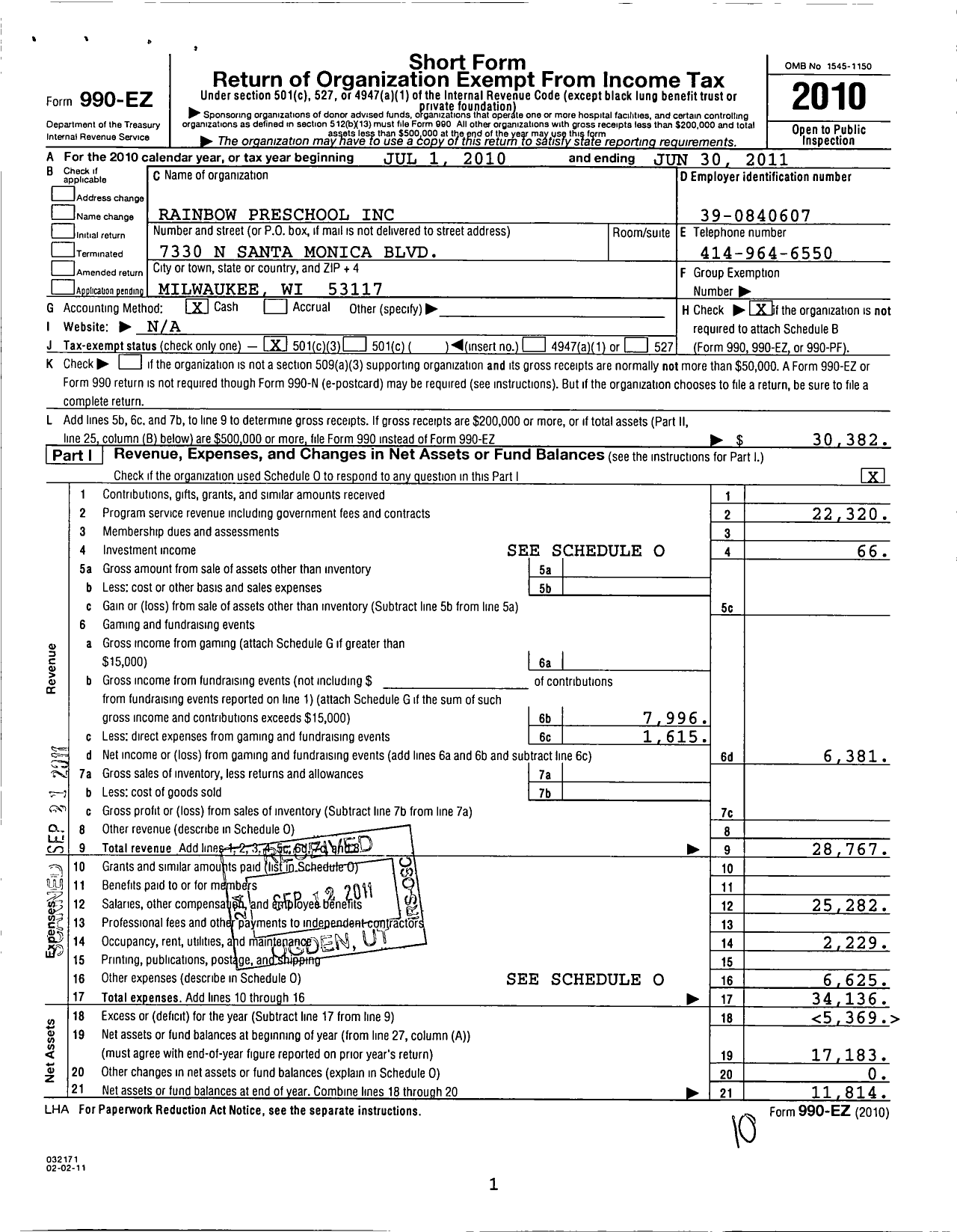 Image of first page of 2010 Form 990EZ for Rainbow Preschool