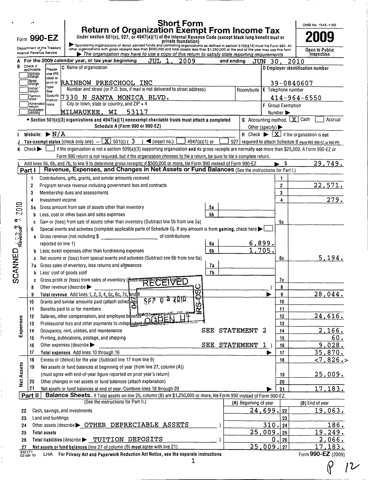 Image of first page of 2009 Form 990EZ for Rainbow Preschool