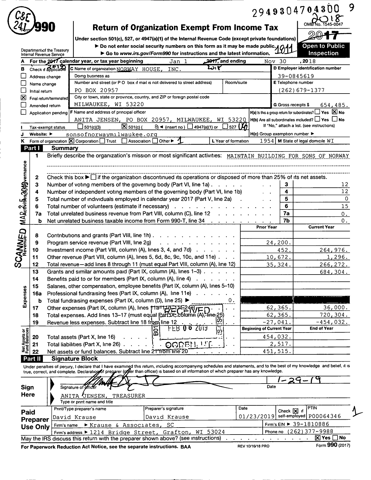 Image of first page of 2017 Form 990O for Sons of Norway - 5-082 Norway House