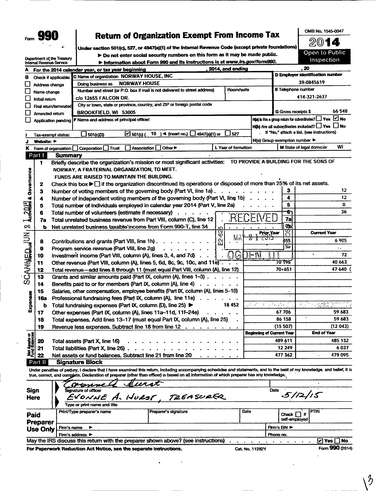 Image of first page of 2014 Form 990O for Sons of Norway - 5-082 Norway House