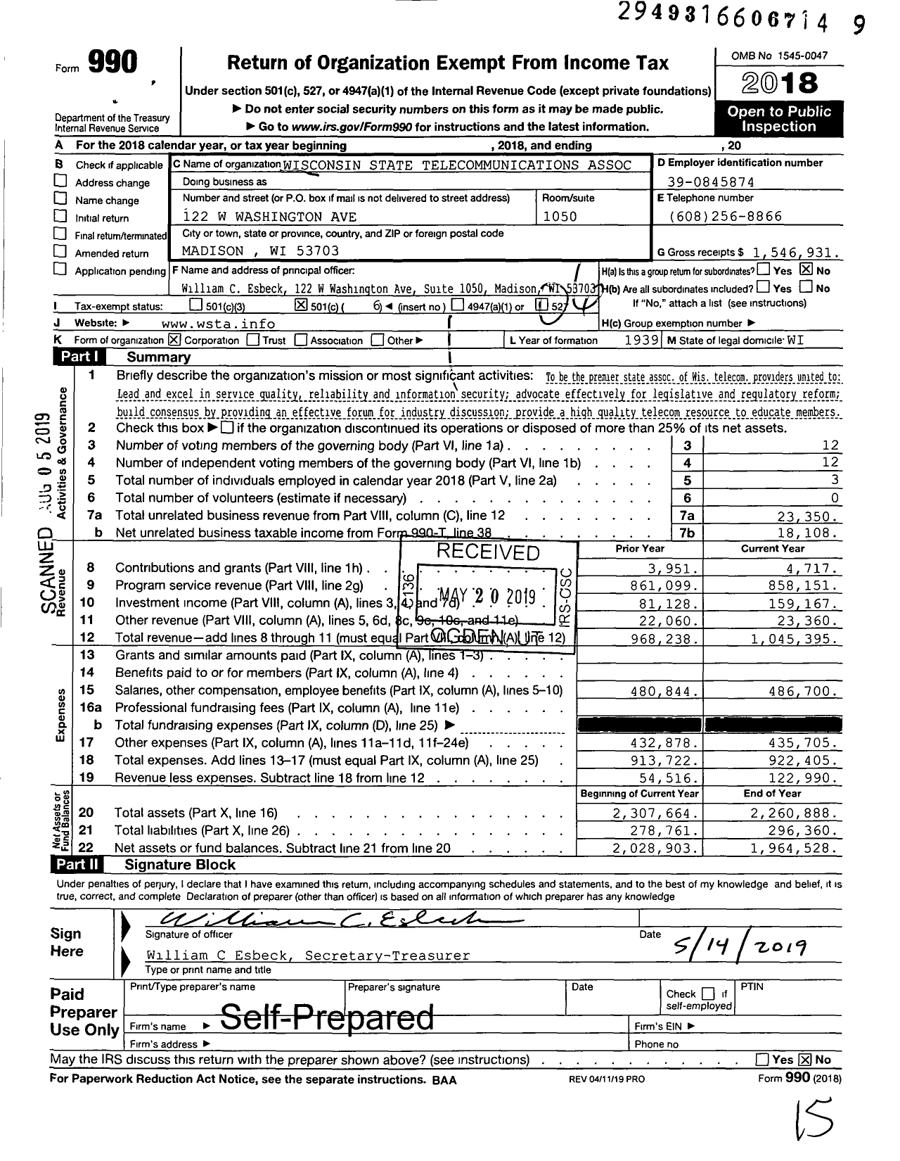 Image of first page of 2018 Form 990O for Wisconsin State Telecommunications Association (WSTA)