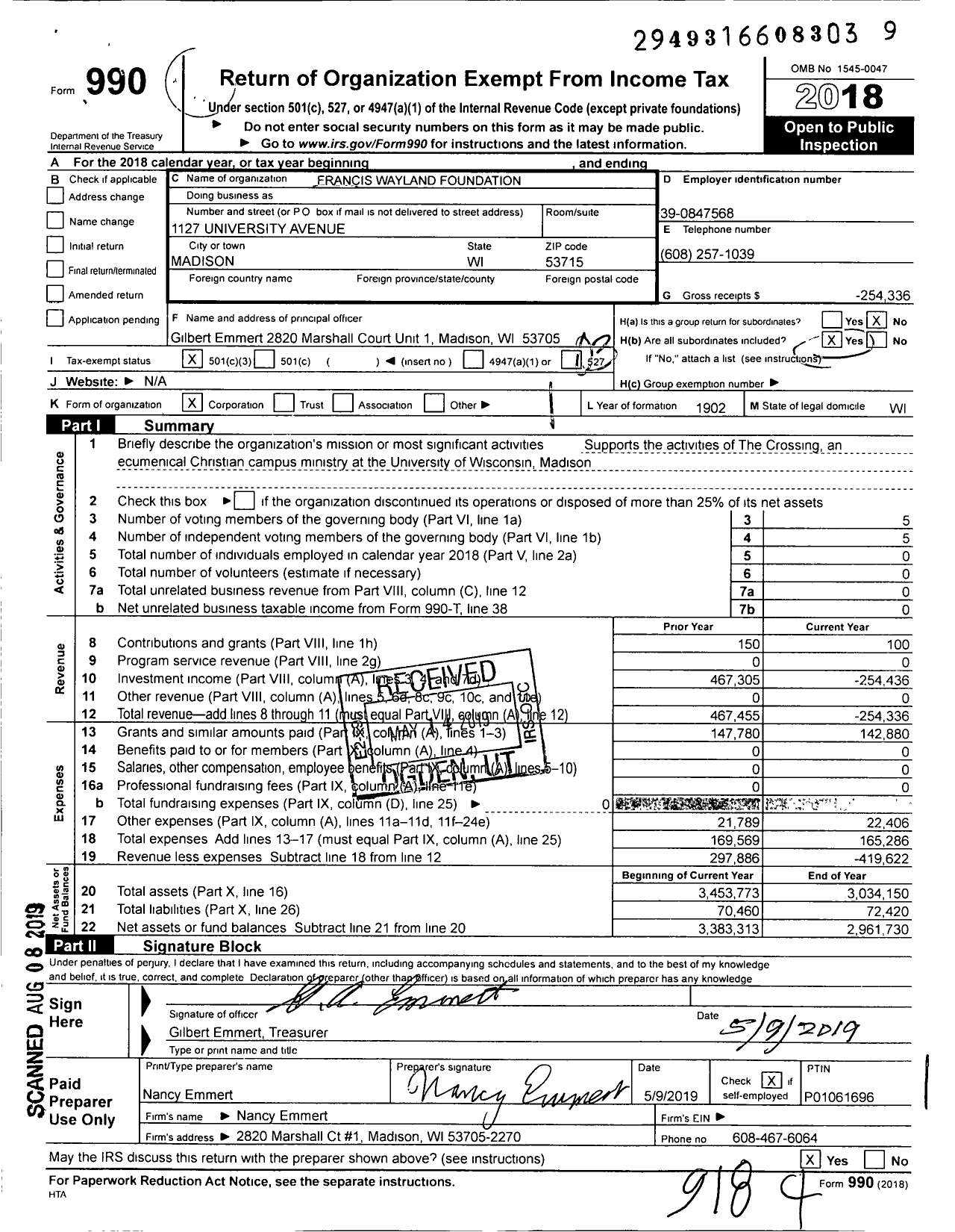 Image of first page of 2018 Form 990 for Francis Wayland Foundation of Wisconsin
