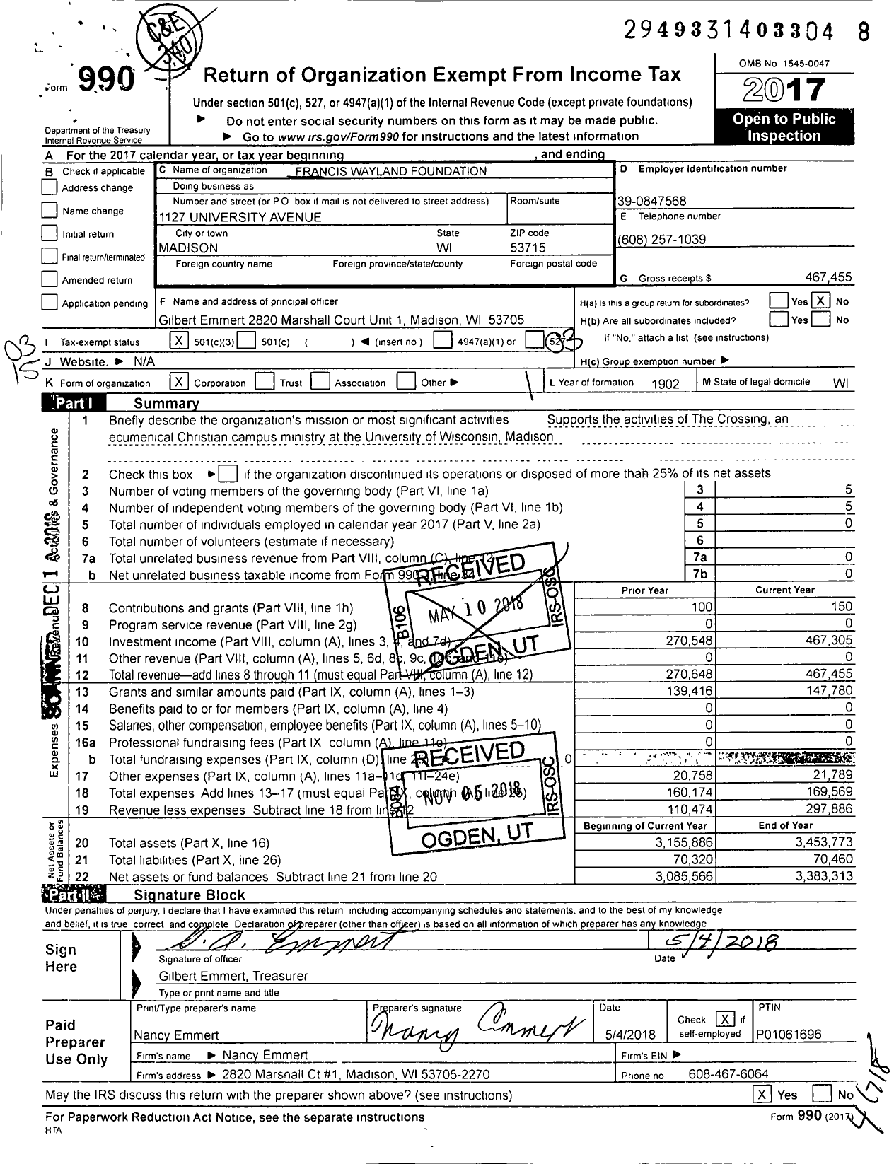 Image of first page of 2017 Form 990 for Francis Wayland Foundation of Wisconsin