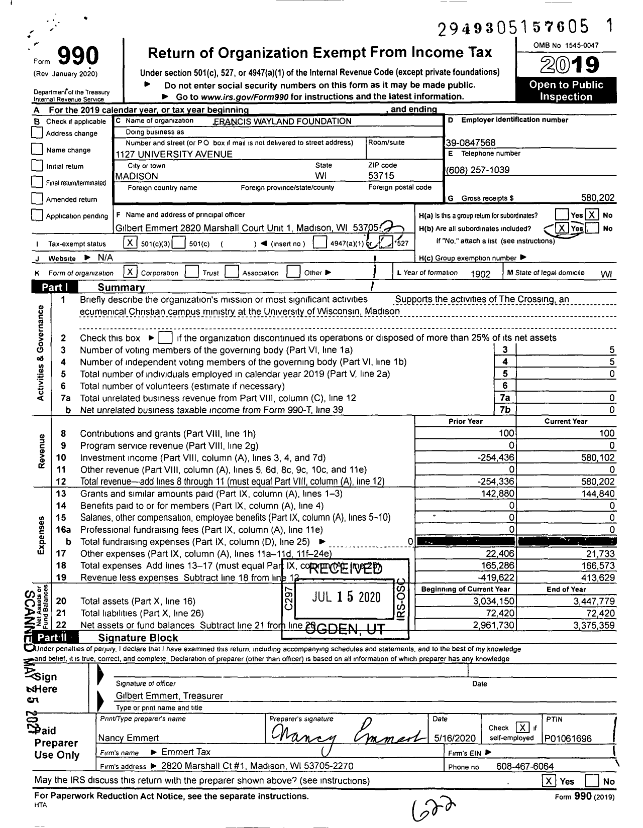 Image of first page of 2019 Form 990 for Francis Wayland Foundation of Wisconsin