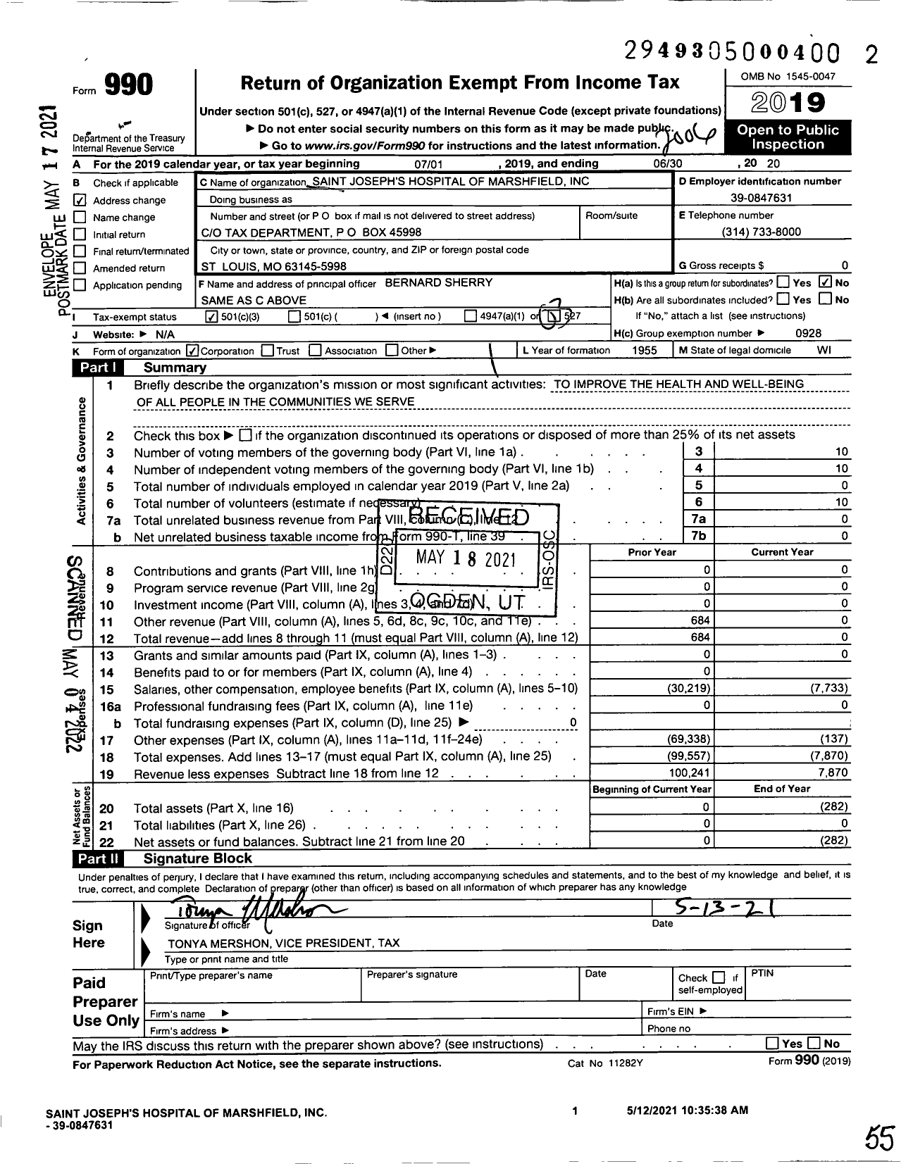 Image of first page of 2019 Form 990 for Saint Joseph's Hospital of Marshfield