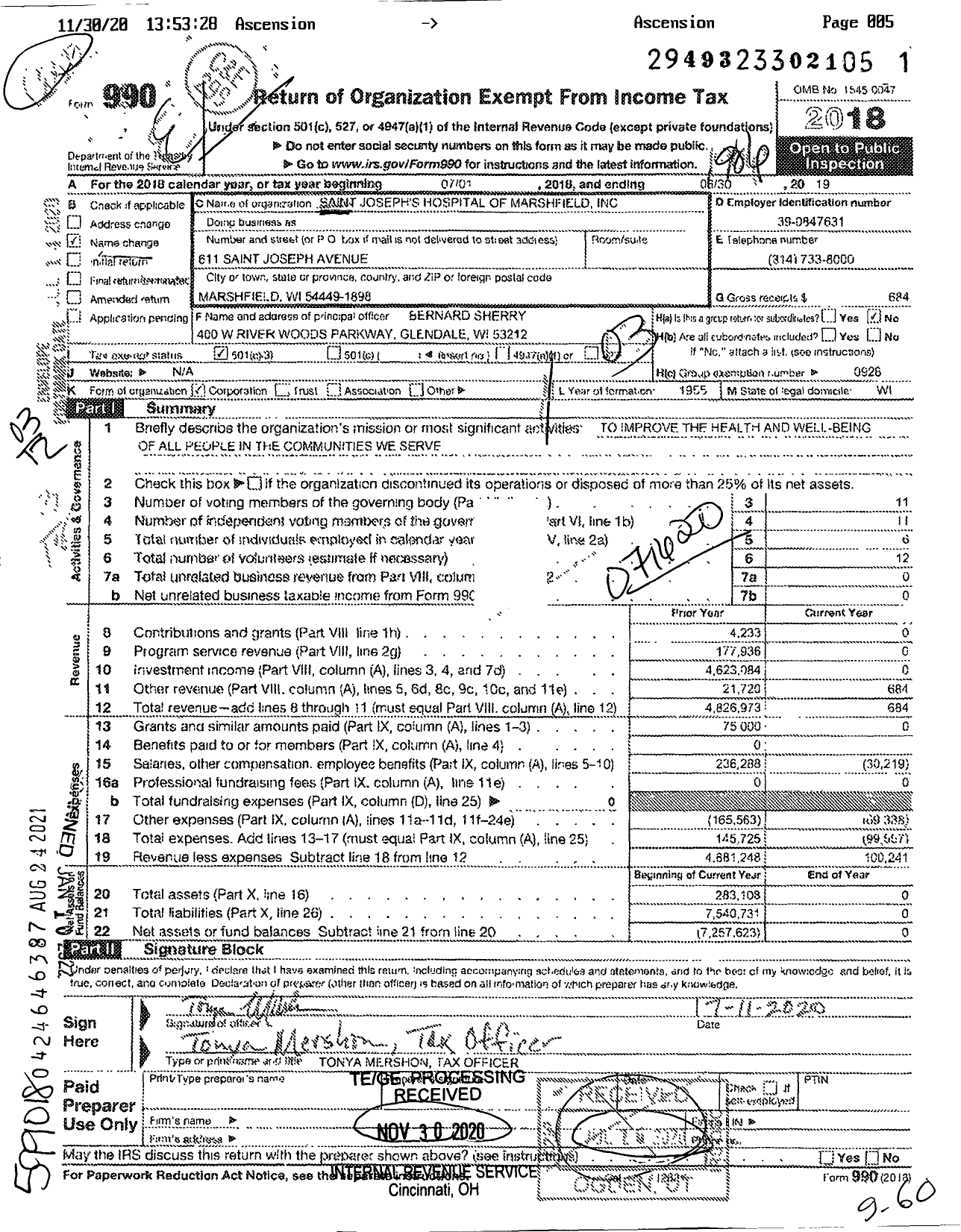 Image of first page of 2018 Form 990 for Saint Joseph's Hospital of Marshfield