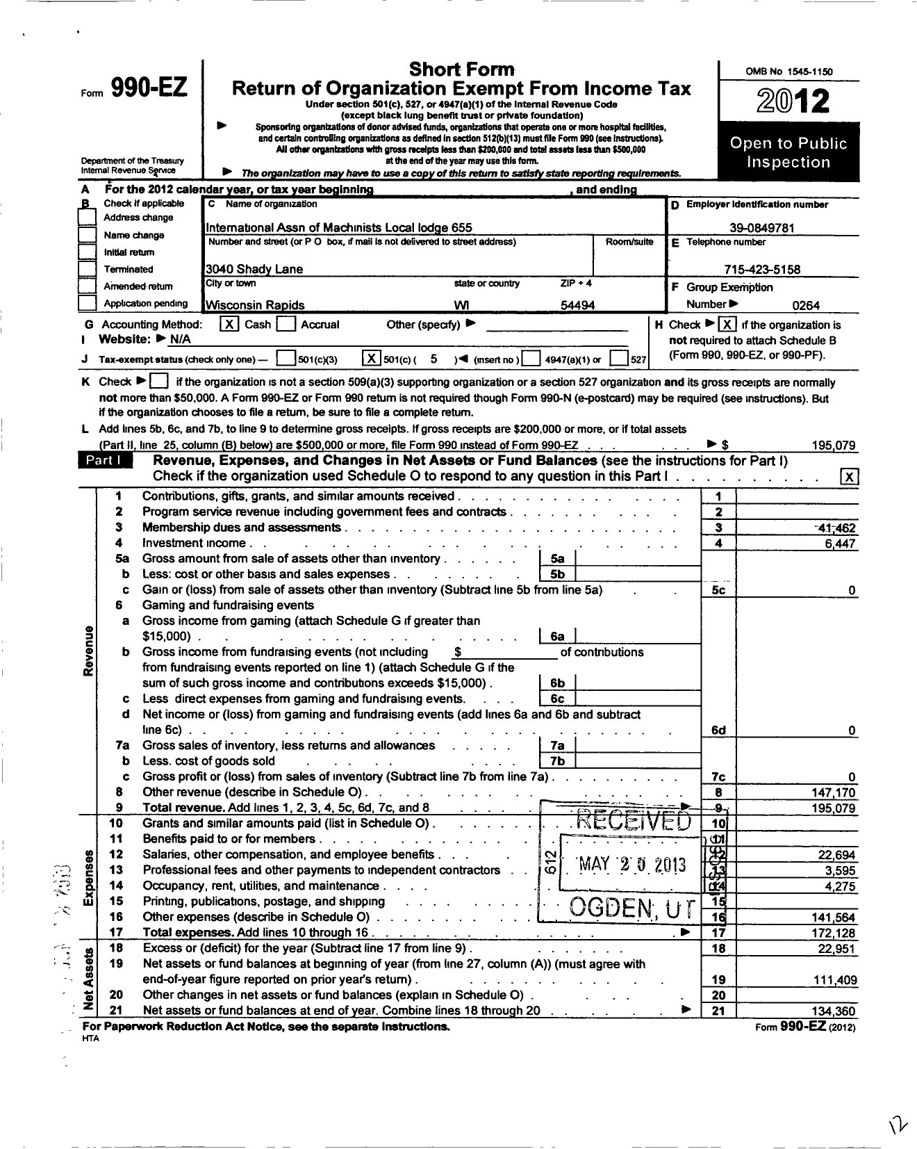 Image of first page of 2012 Form 990EO for International Association of Machinists and Aerospace Workers - 655