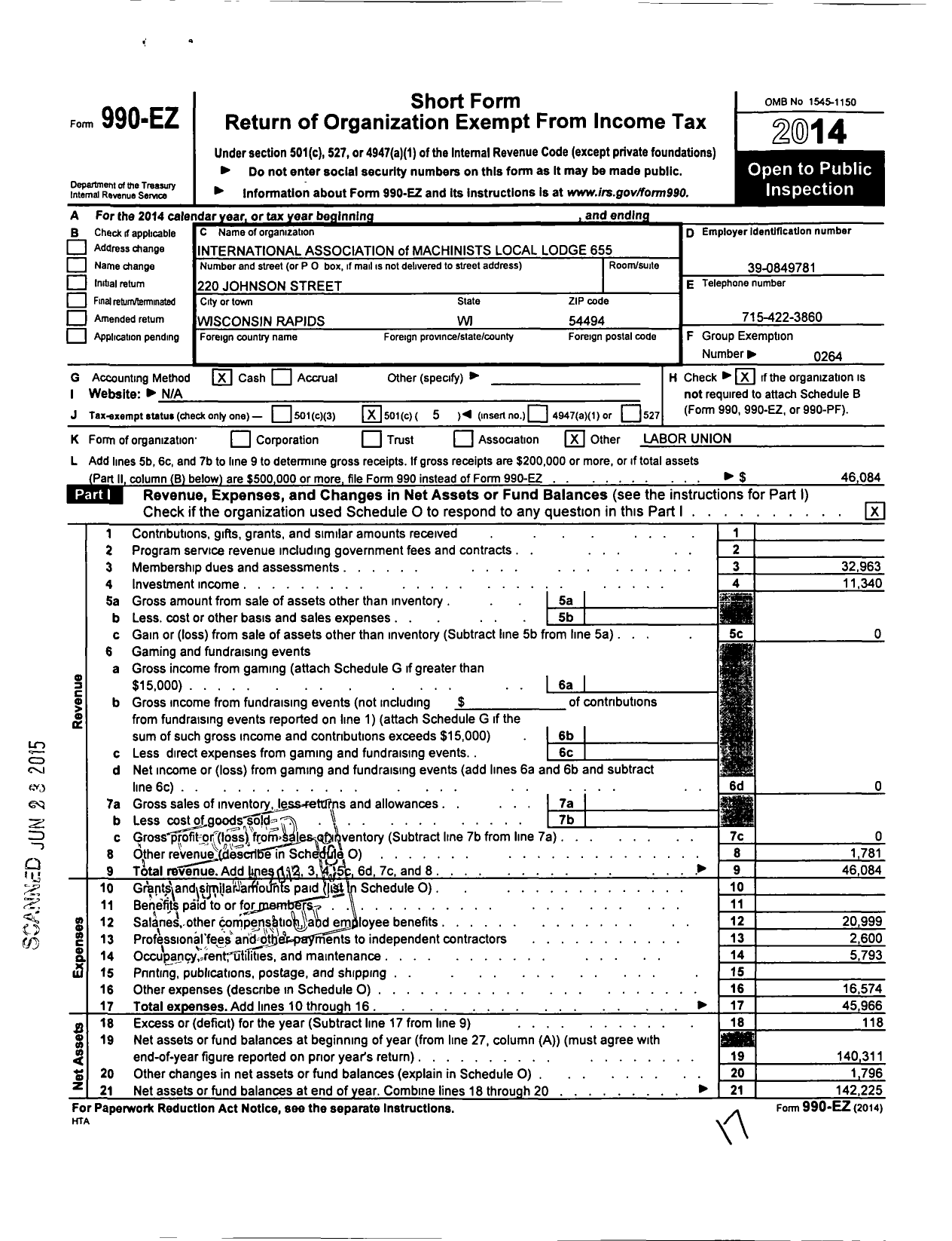 Image of first page of 2014 Form 990EO for International Association of Machinists and Aerospace Workers - 655