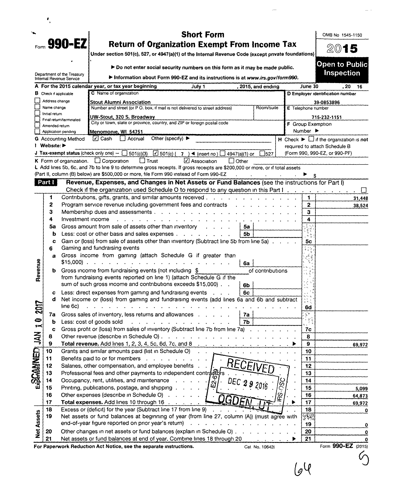 Image of first page of 2015 Form 990EO for Stout Alumni Association