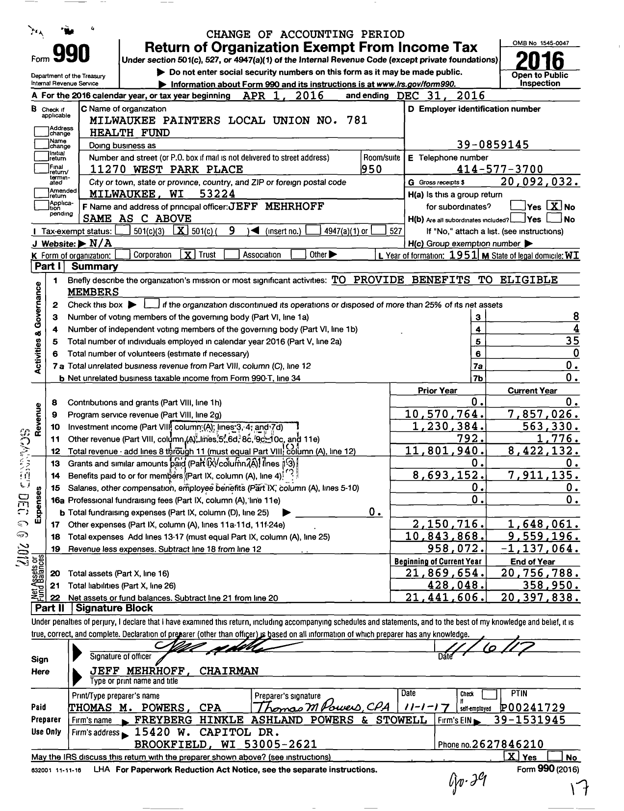 Image of first page of 2016 Form 990O for Milwaukee Painters Local Union No 781 Health Fund