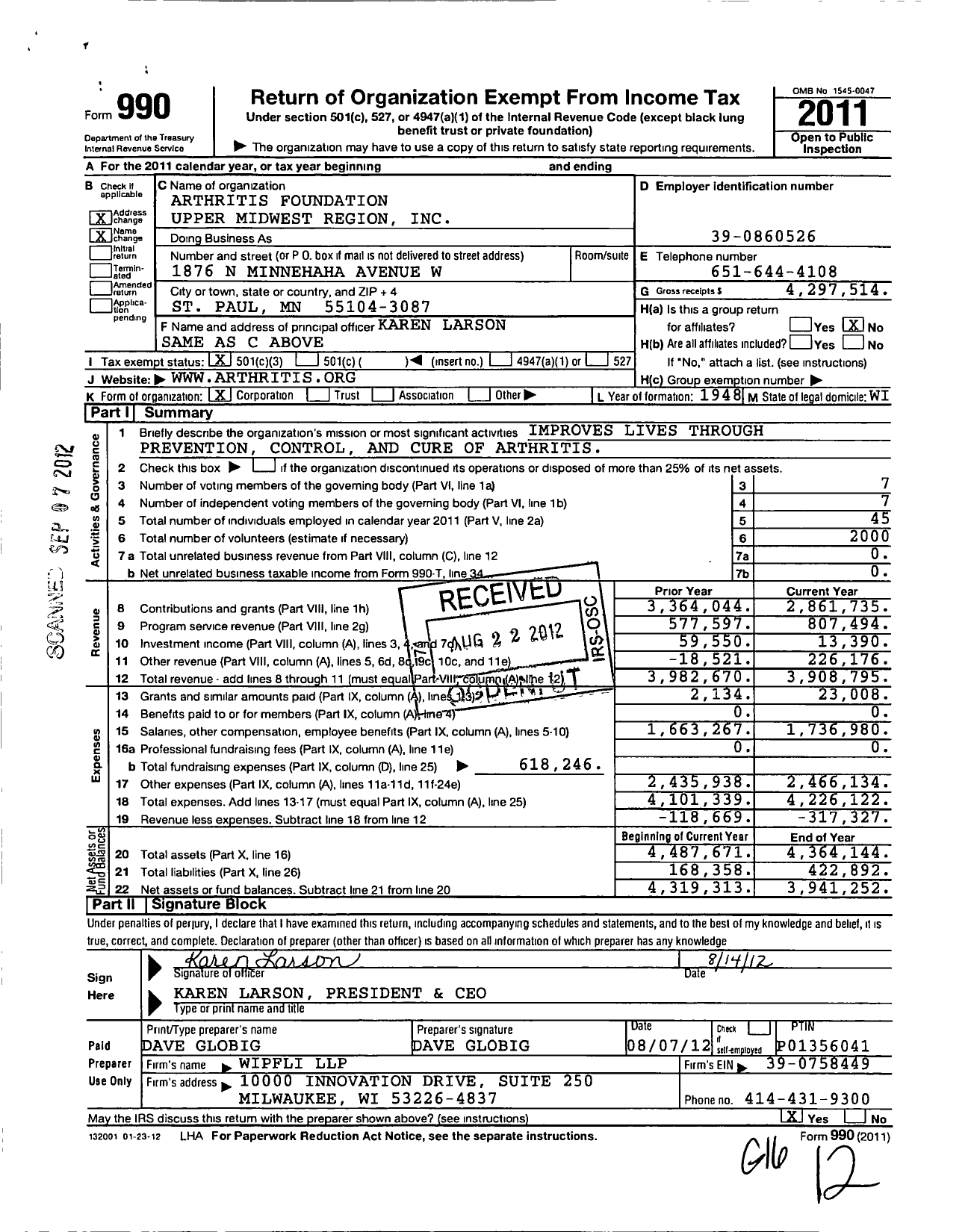 Image of first page of 2011 Form 990 for Arthritis Foundation Upper Midwest Region