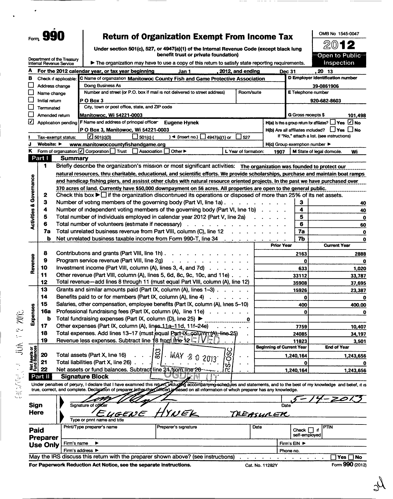 Image of first page of 2012 Form 990 for Manitowoc Fish and Game Protective Association