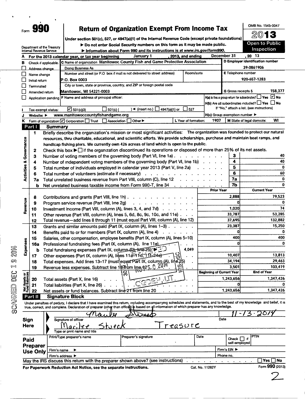 Image of first page of 2013 Form 990 for Manitowoc Fish and Game Protective Association