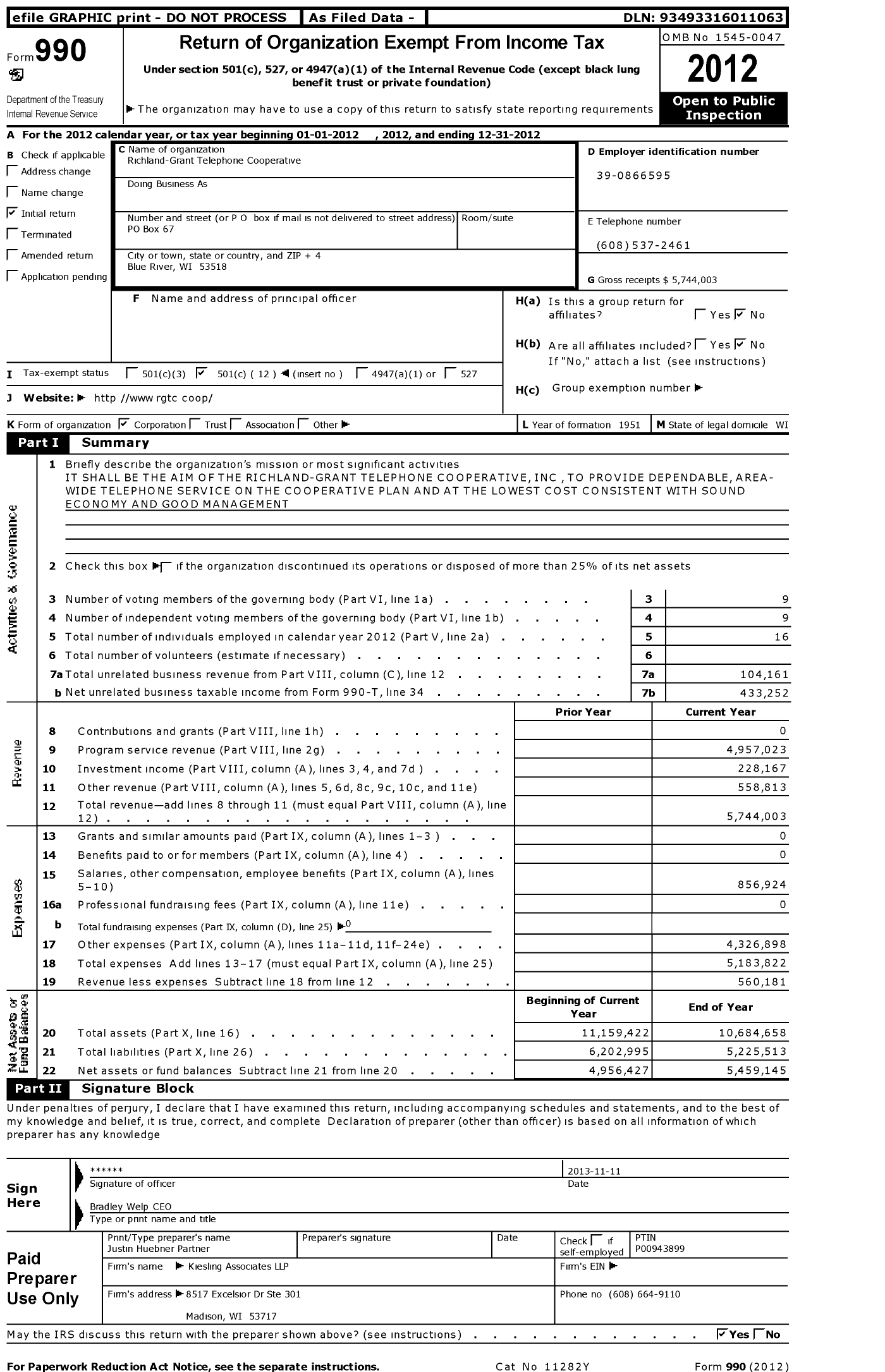 Image of first page of 2012 Form 990O for Richland-Grant Telephone Cooperative