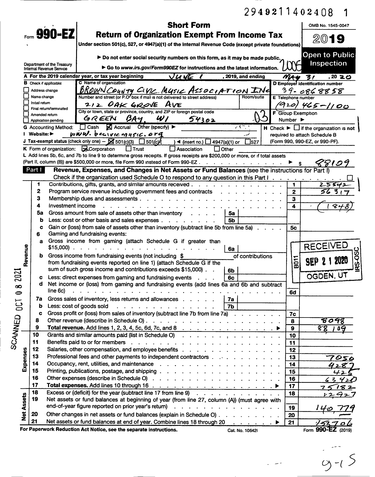 Image of first page of 2019 Form 990EZ for Brown County Civic Music Association