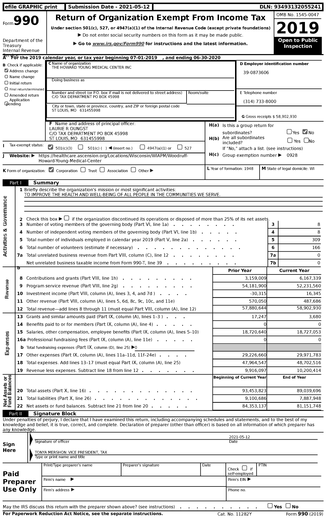 Image of first page of 2019 Form 990 for Howard Young Medical Center