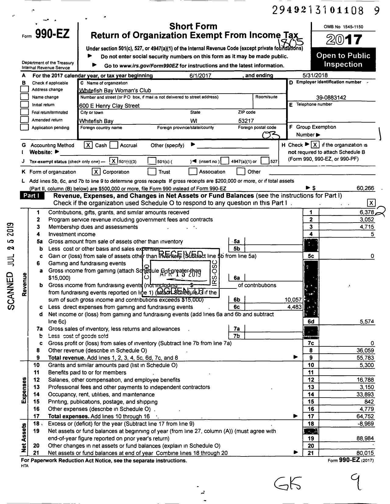 Image of first page of 2017 Form 990EZ for Whitefish Bay Woman's Club